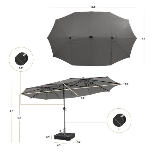 Biotree 15 ft Double-Sided Twin Patio Umbrella 48 LED Lights Outdoor Shade - Gray - UV Protection with Cross Base