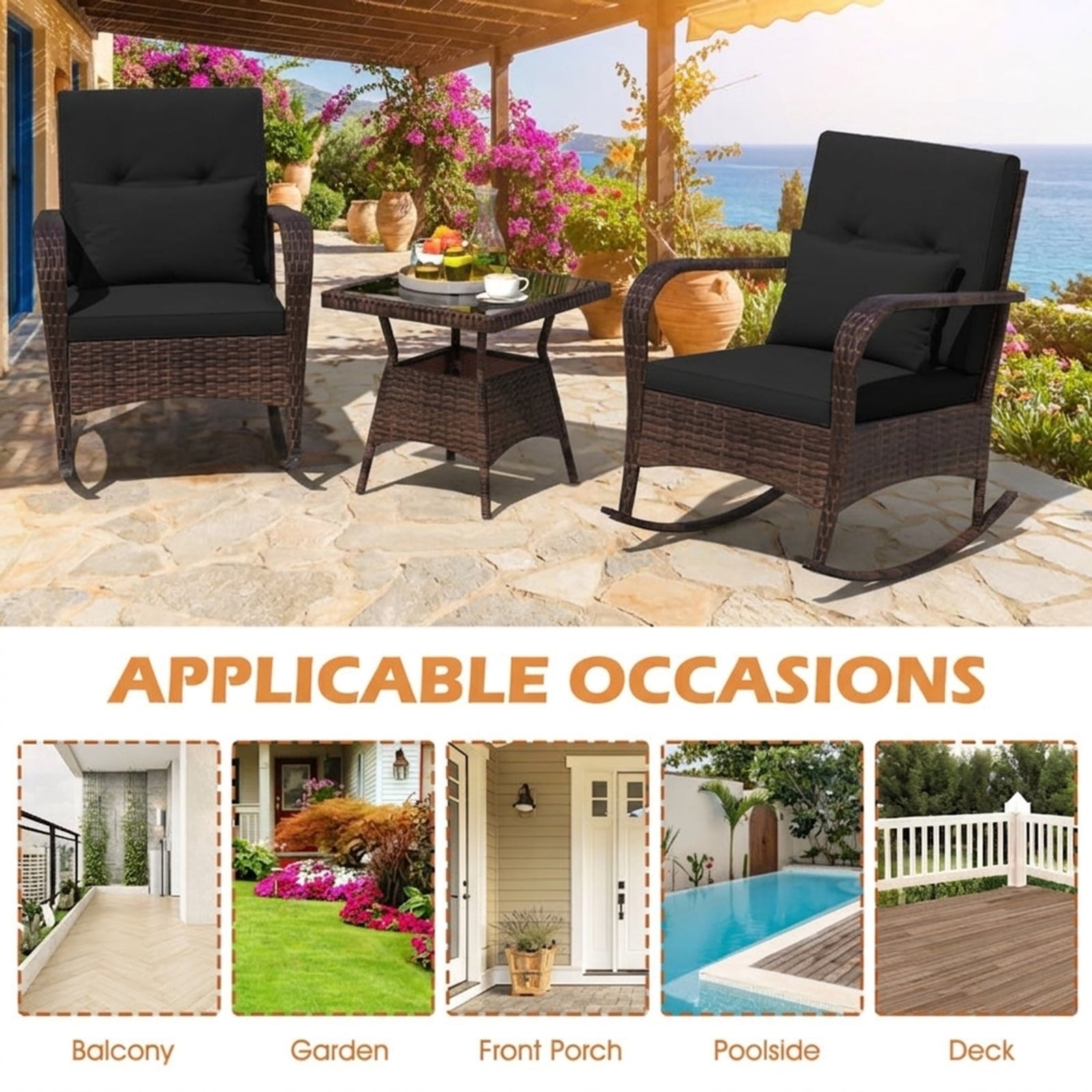 Biotree 3 Pieces Outdoor Rocking Set with Tempered Glass Coffee Table for Backyard Poolside Outdoor Conversation Set for Garden Backyard PorchBlack