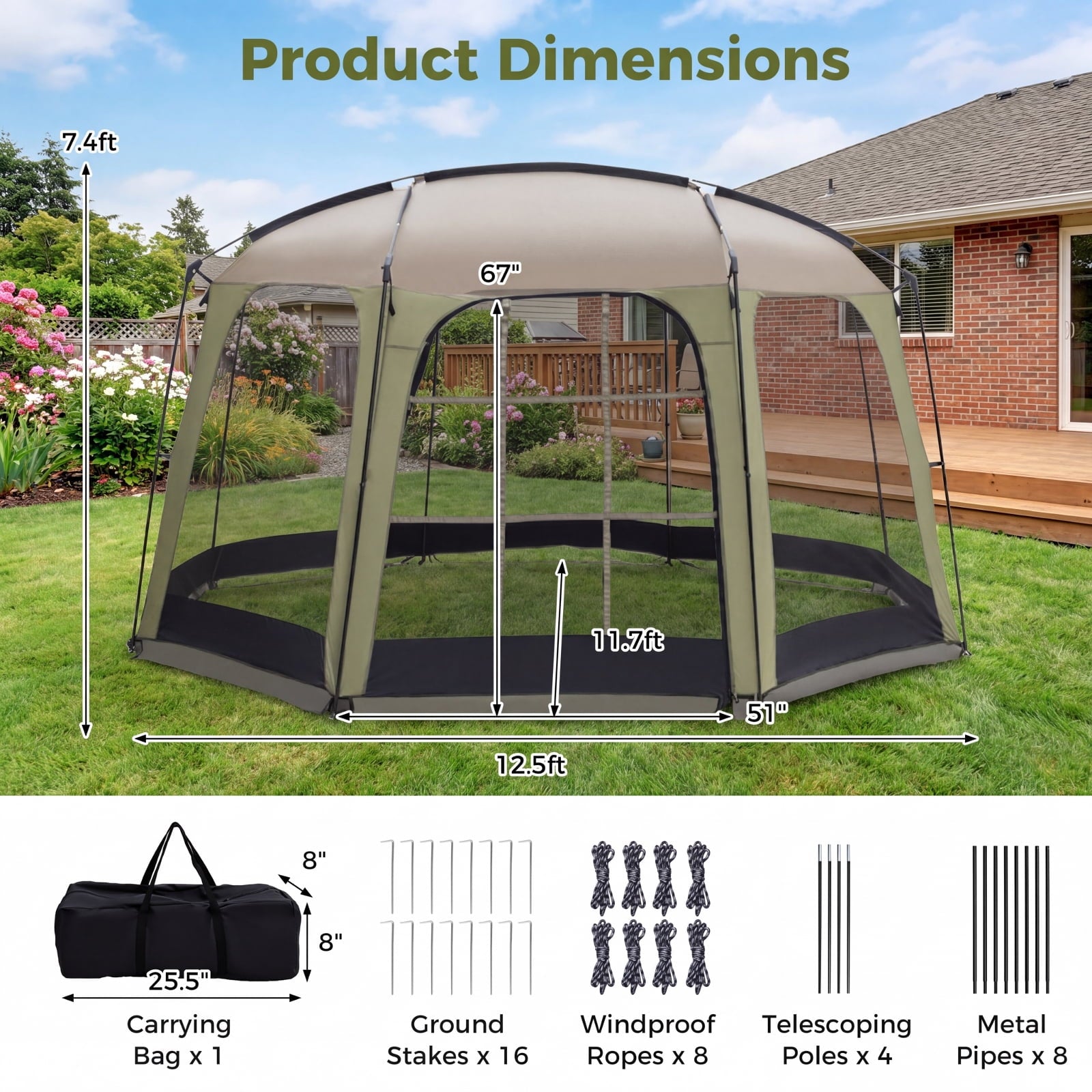 Biotree 6 8 Person Netted Canopy Tent with Zippered Door, Green