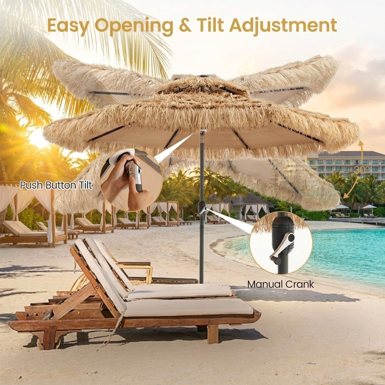 Biotree 9 Feet Solar Powered Thatched Tiki Patio Umbrella with Led Lights. Outdoor Backyard Deck Garden