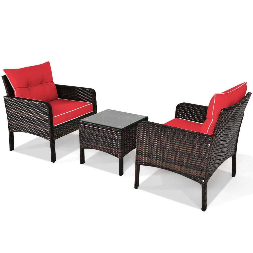 Biotree 3-Piece Patio Rattan Conversation Set with Cushions-Red