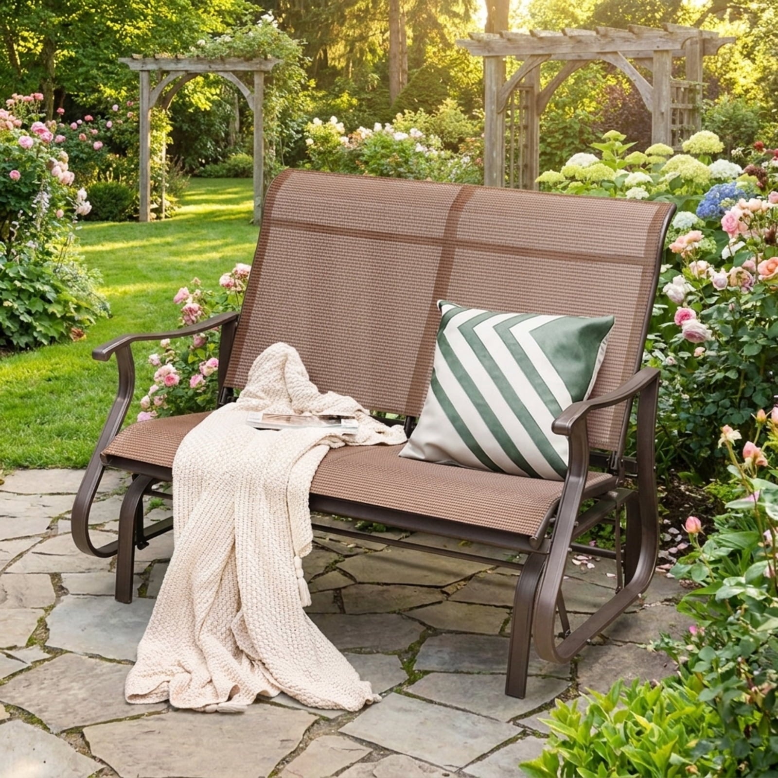 Biotree 2-Person Patio Glider Bench with High Back and Curved Armrests Stackable Patio Chair for Garden BackyardBrown