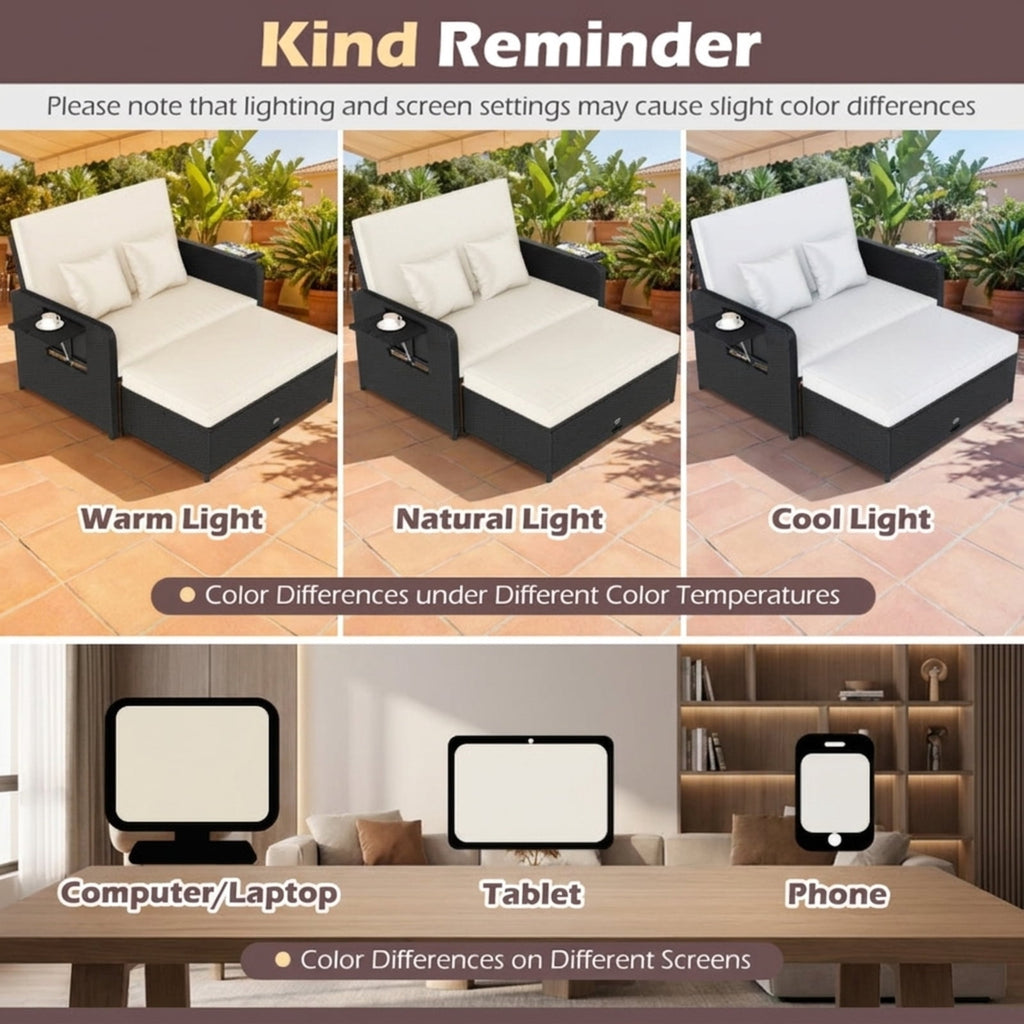 Biotree PE Wicker Outdoor Daybed with 4-Level Adjustable Backrest and Storage Ottoman Outdoor Conversation Set for Garden Backyard PorchWhite