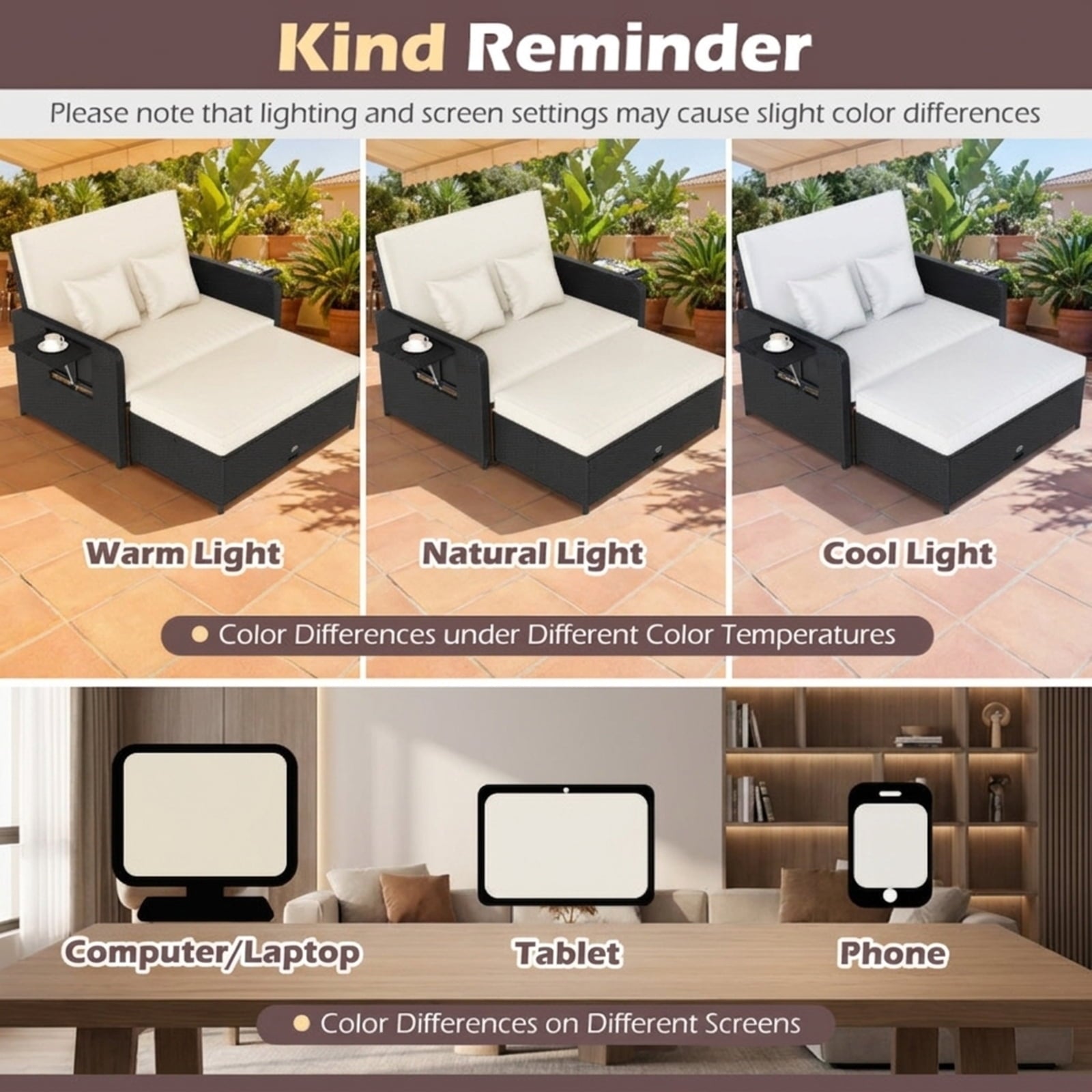 Biotree PE Wicker Outdoor Daybed with 4-Level Adjustable Backrest and Storage Ottoman Outdoor Conversation Set for Garden Backyard PorchWhite