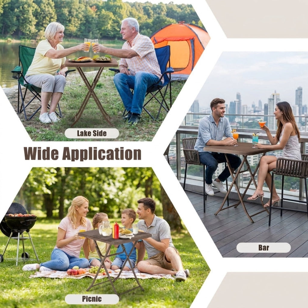 Biotree Folding Picnic Table with Rattan Grain HDPE Tabletop and Sturdy Metal Fame, Coffee