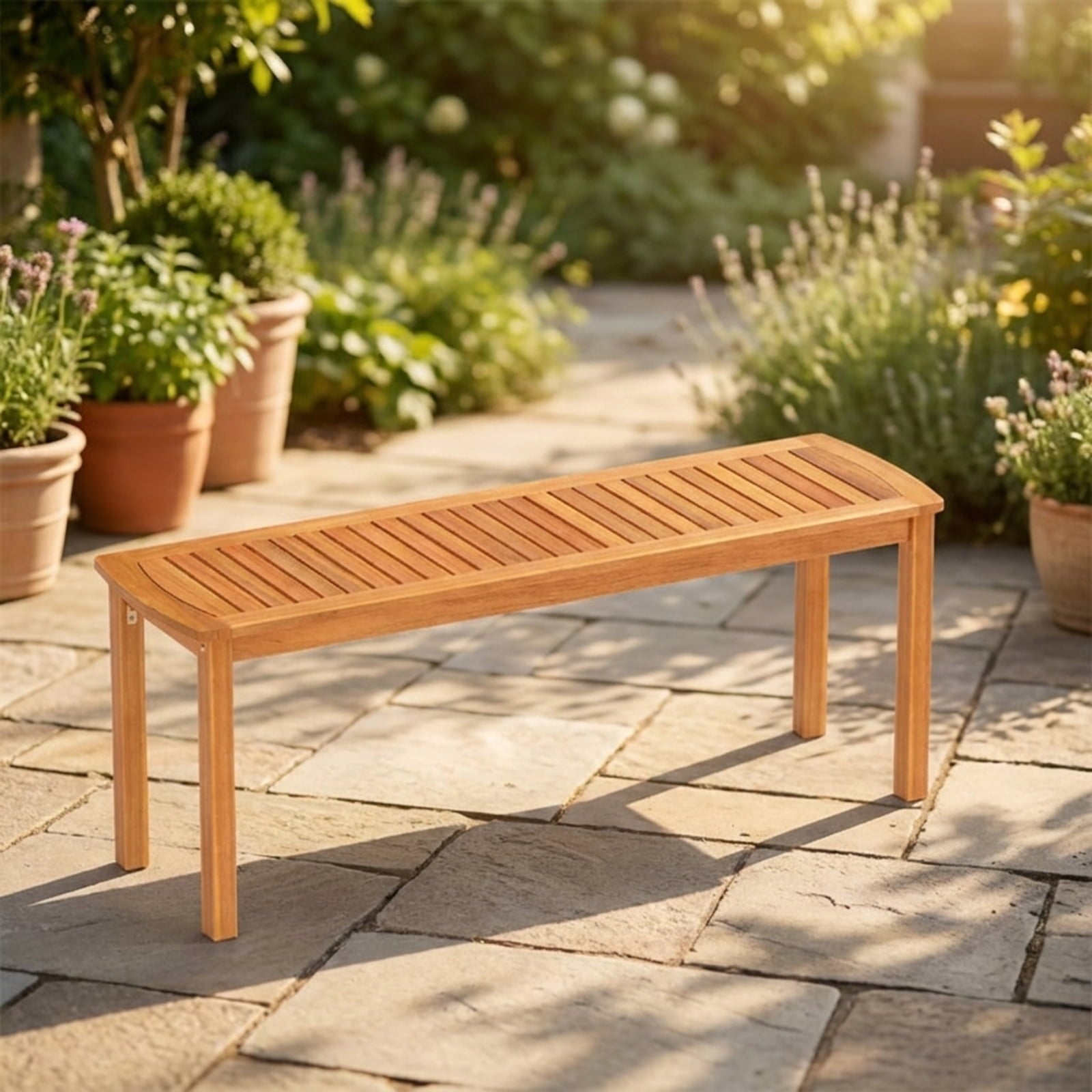 Biotree Acacia Wood Outdoor Bench with Slatted Seat for Garden Stackable Patio Chair for Garden BackyardNatural