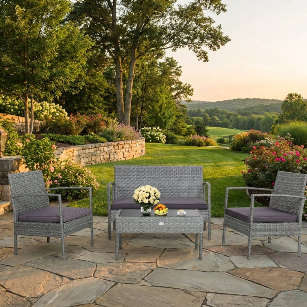 Biotree 4 Pieces Outdoor Rattan Conversation Set with Comfortable Cushion Outdoor Conversation Set for Garden Backyard PorchGrey