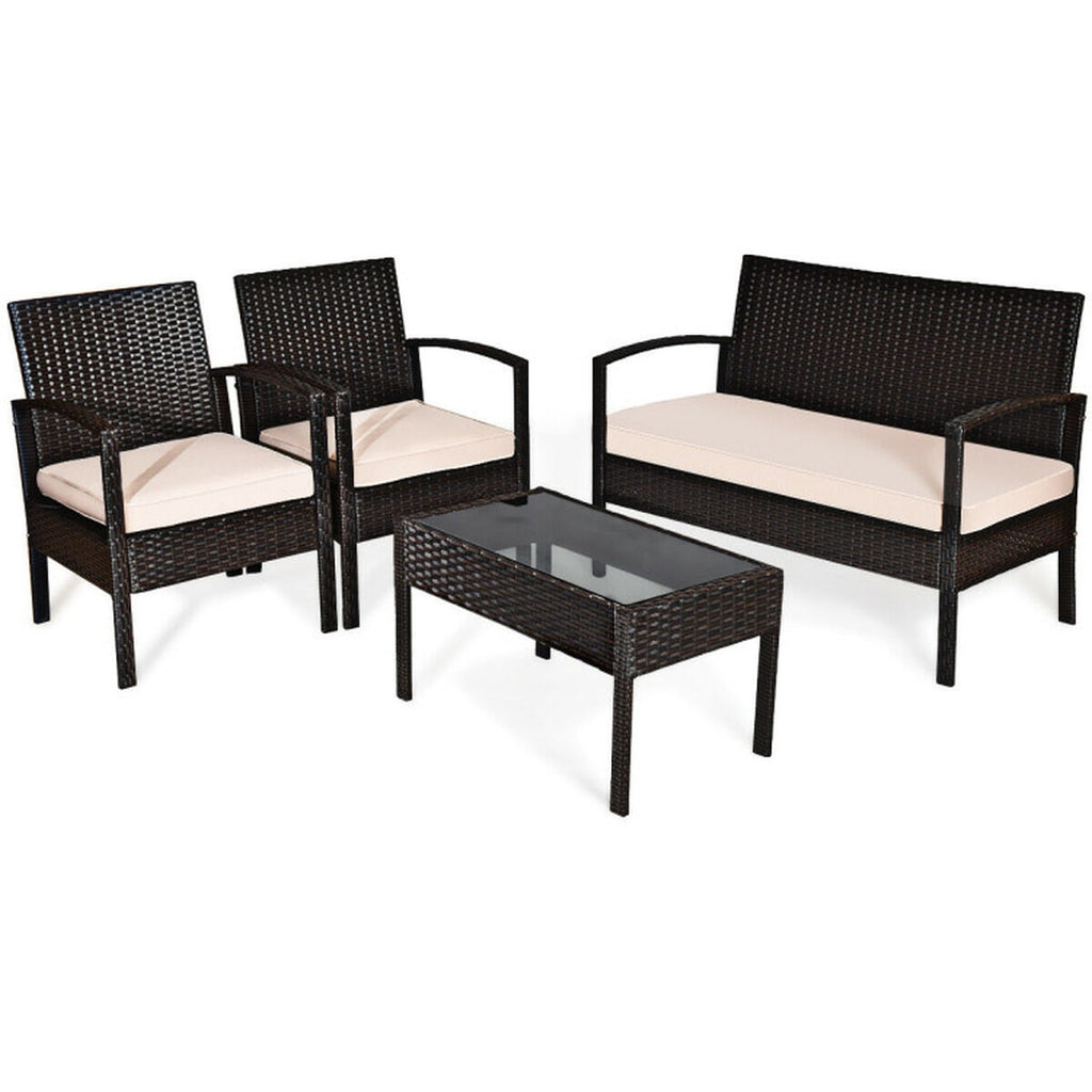 Biotree 4 Pieces Patio Rattan Conversation Set with Loveseat Sofas and Coffee Table Outdoor Conversation Set for Garden Backyard Porch