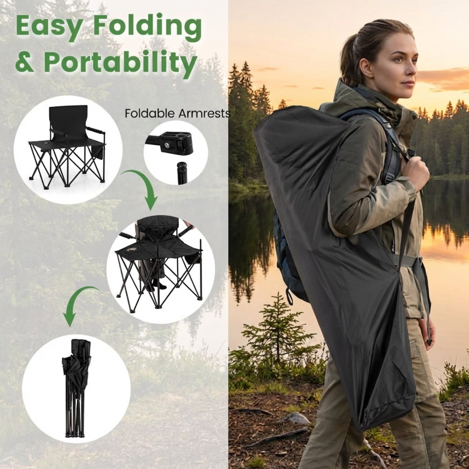 Biotree Heavy Duty Oversized Folding Camping Chair with Side Table and Storage Pockets Portable Outdoor Chair for Adults, Black