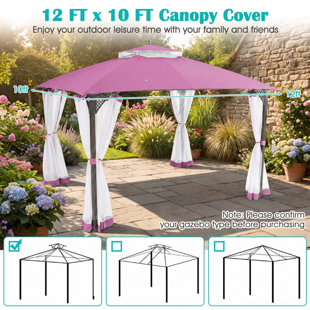 Biotree 10 x 12 Gazebo Replacement Top with Air Vent and Drainage Holes for Outdoor Patio Canopy, Pink