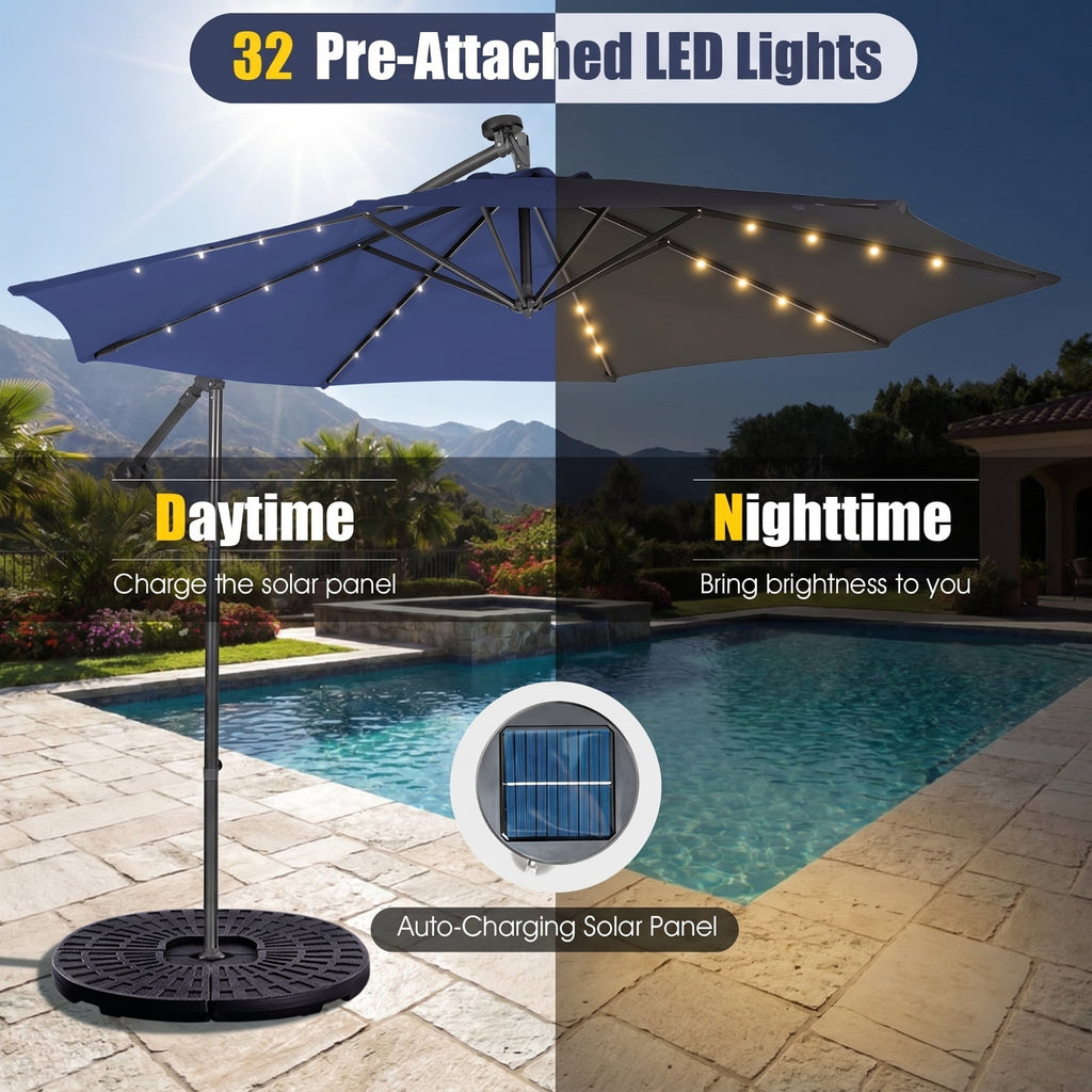 Biotree 10 ft Cantilever Offset Patio Umbrella Solar Powered Outdoor Shade - Blue - UV Protection with Cross Base