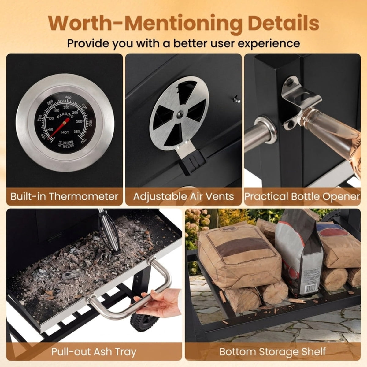 Biotree Portable Outdoor Charcoal BBQ Grill with Adjustable Charcoal Tray, Charcoal Grill on Wheels with Warming Rack, BBQ Smoker Cooker for Backyard Patio Camping Black