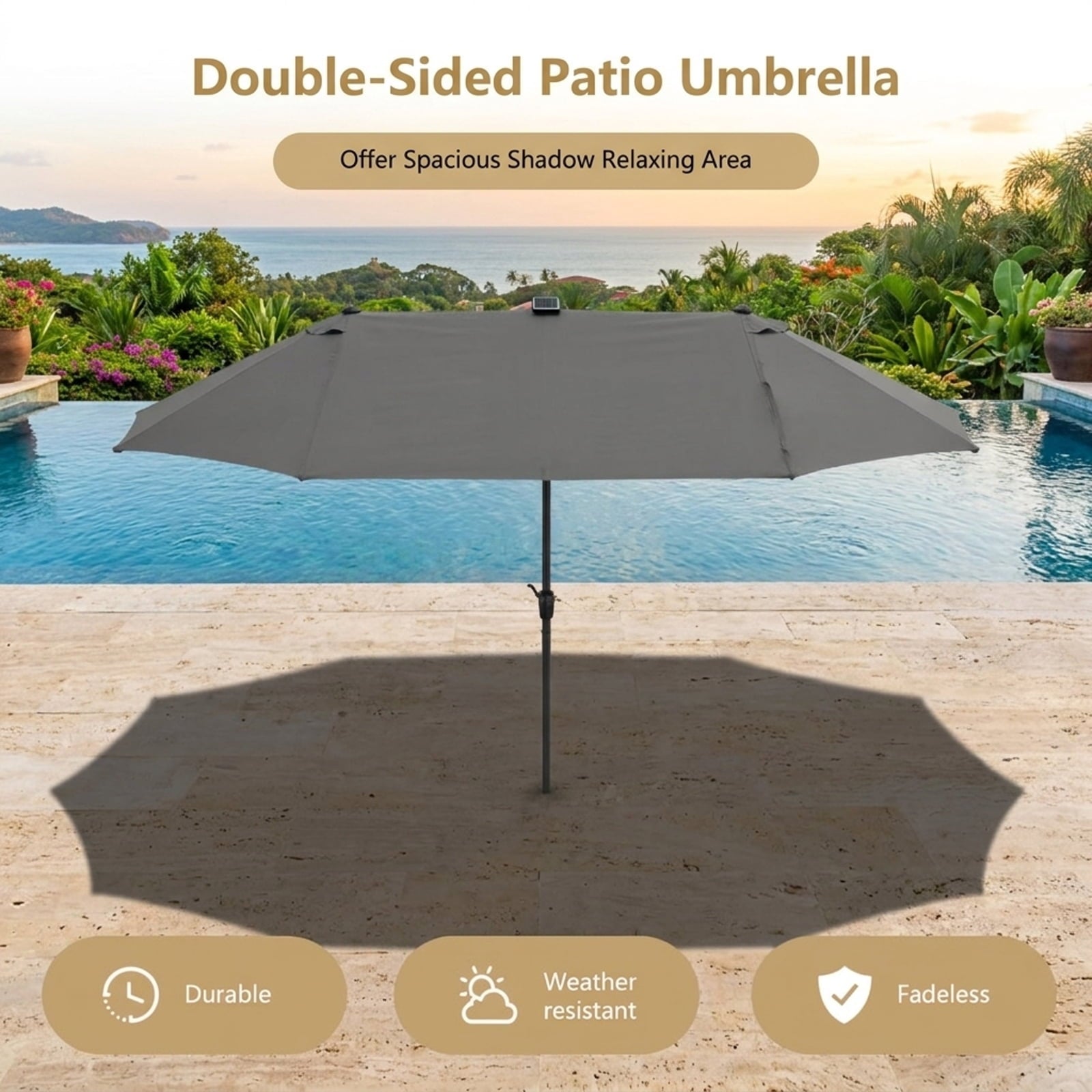 Biotree 15 ft Double-Sided Twin Patio Umbrella 48 LED Lights Outdoor Shade - Gray - UV Protection with Cross Base