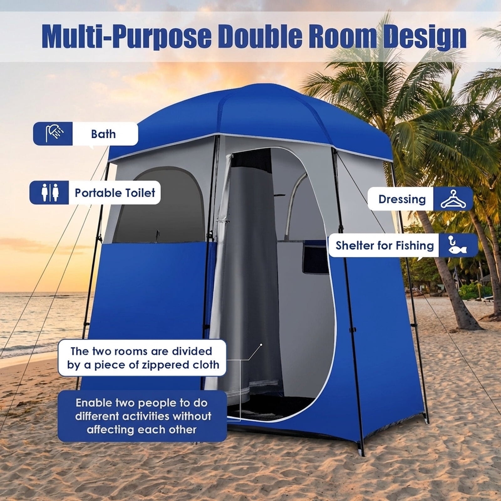 Biotree Double Room Camping Toilet Tent with Floor and Portable Storage Bag, Blue