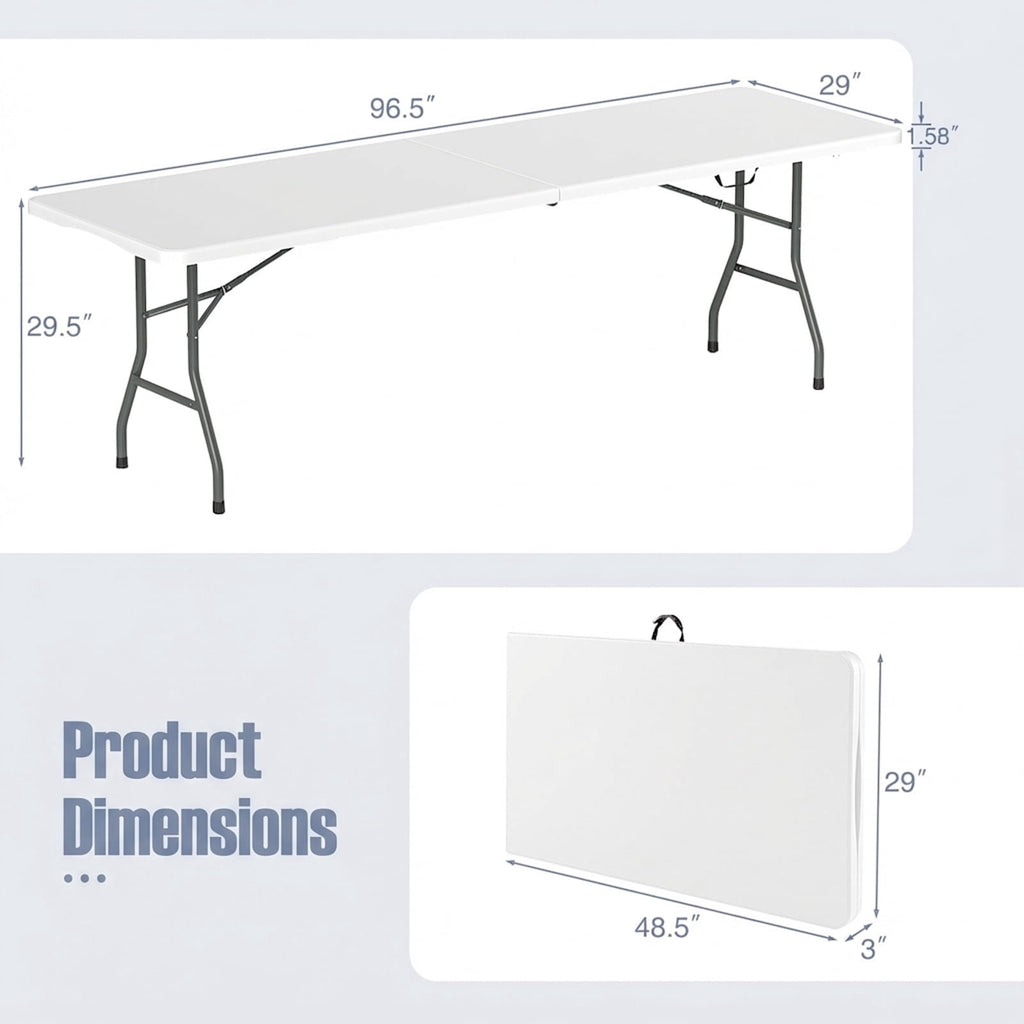 Biotree 8 ft Portable Folding Table 350 LBS Fold in Half Table with HDPE Tabletop, White