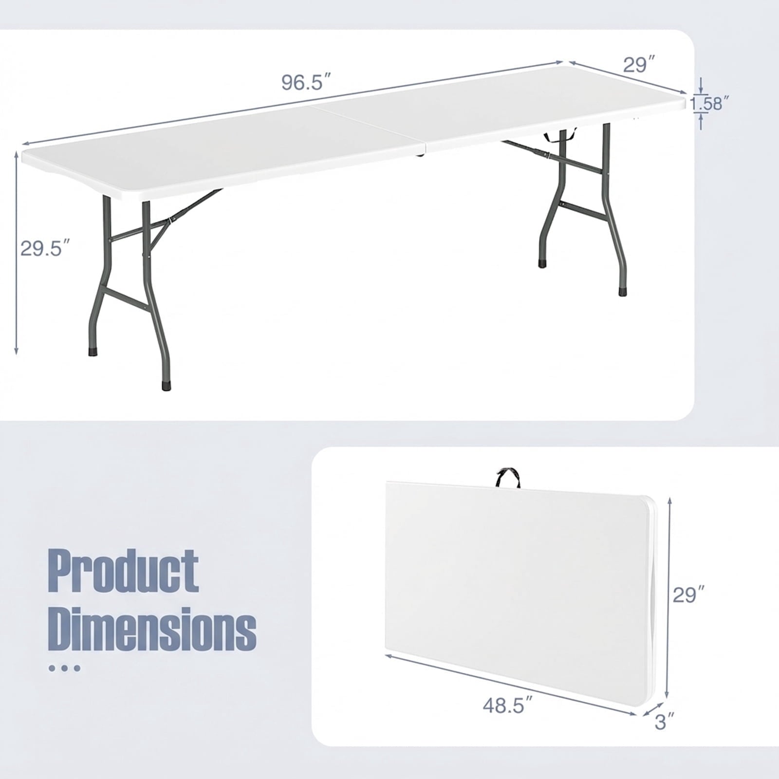Biotree 8 ft Portable Folding Table 350 LBS Fold in Half Table with HDPE Tabletop, White