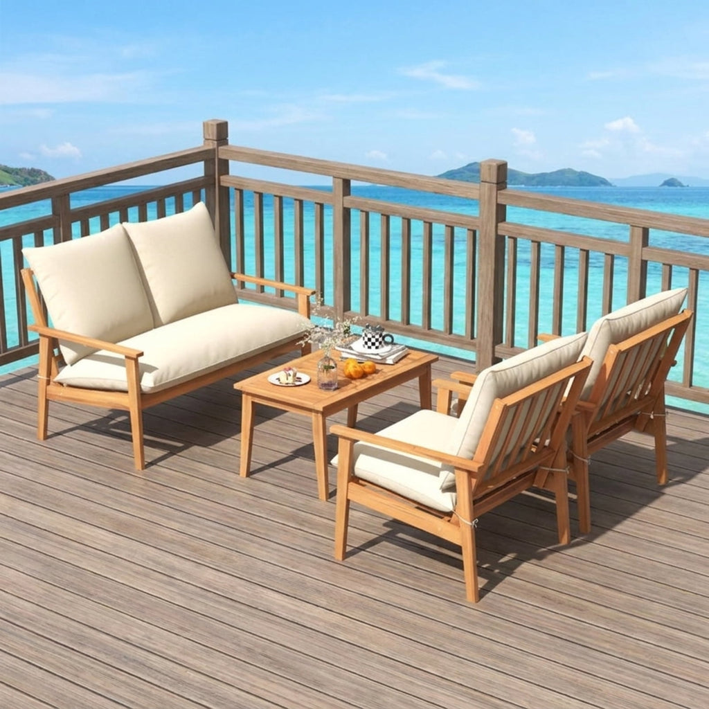 Biotree 4 Pieces Outdoor Acacia Wood Conversation Set with Soft Cushions and Coffee Table Outdoor Conversation Set for Garden Backyard PorchWhite