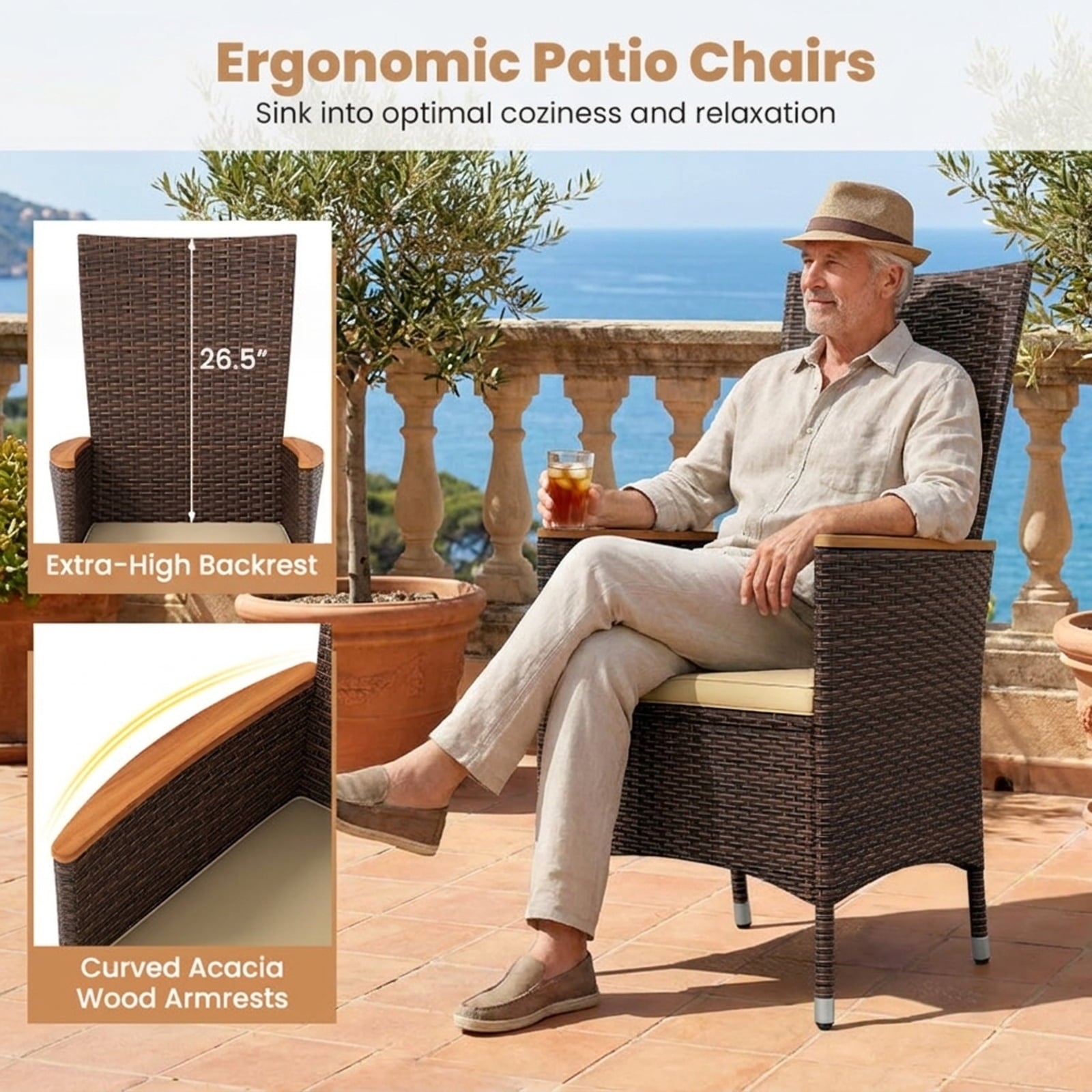 Biotree Patio Rattan Chairs Set of 2 Outdoor Wicker Dining Chairs with High Backrest Stackable Patio Chair for Garden BackyardBeige