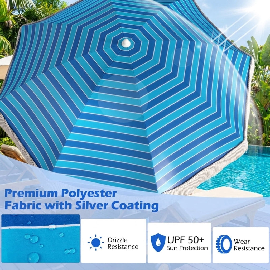 Biotree 6 ft Beach Tassel Fringe Patio Umbrella Crank Tilt Outdoor Shade - Blue - UV Protection with Cross Base