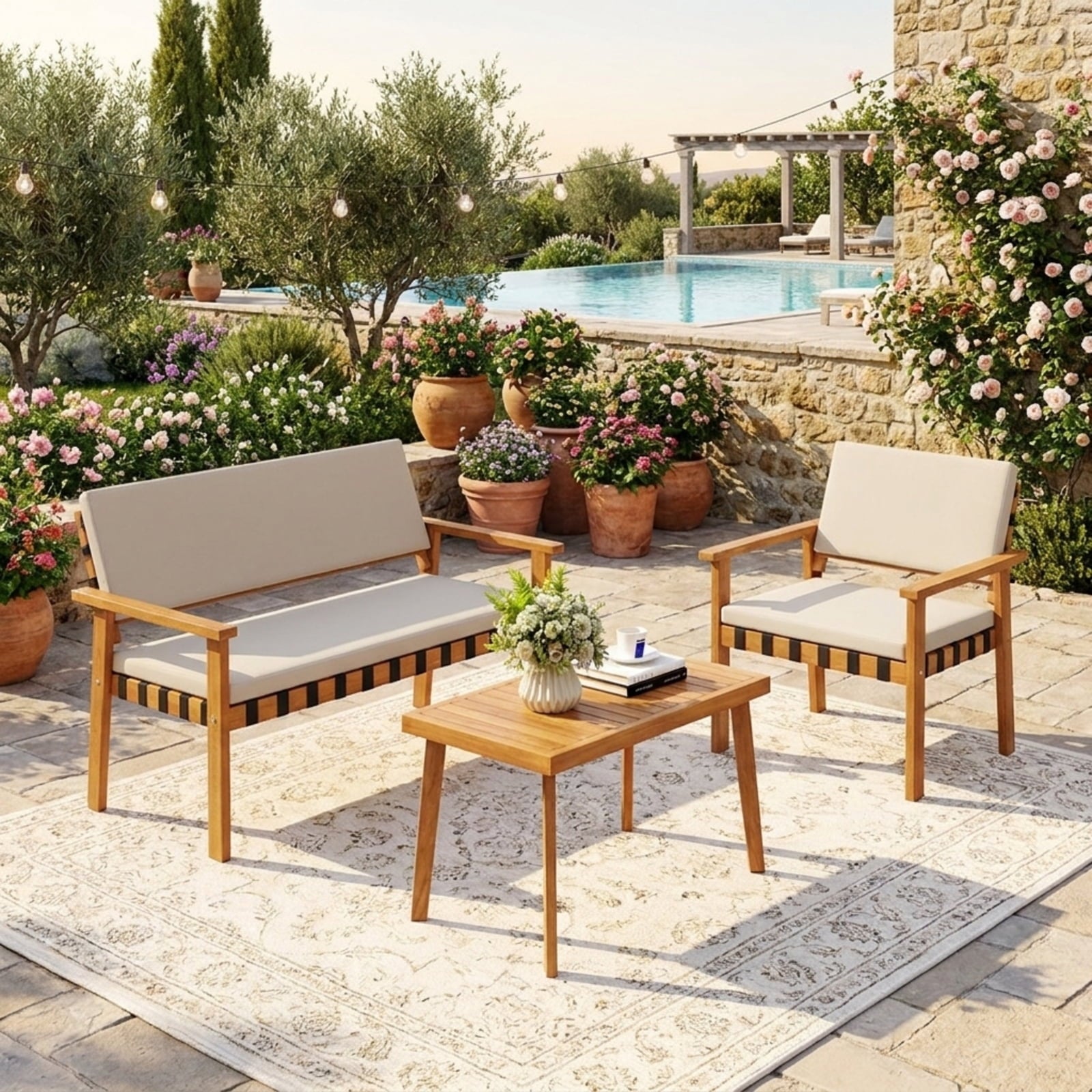 Biotree 4 Piece Patio Furniture Set with Coffee Table for Backyard and Garden Outdoor Conversation Set for Garden Backyard PorchWhite