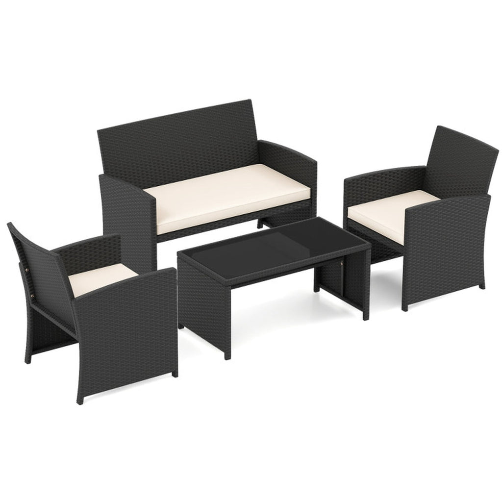 Biotree 4 Pieces Patio Furniture Set with Tempered Glass Tabletop and Removable Cushion Outdoor Conversation Set for Garden Backyard PorchWhite