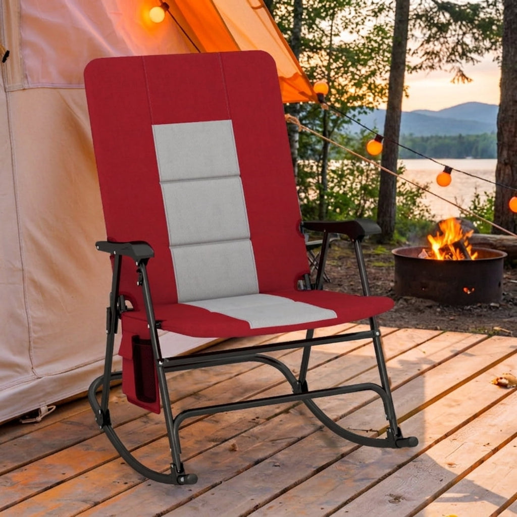 Biotree Foldable Rocking Padded Portable Camping Chair with Backrest and Armrest Stackable Patio Chair for Garden BackyardRed