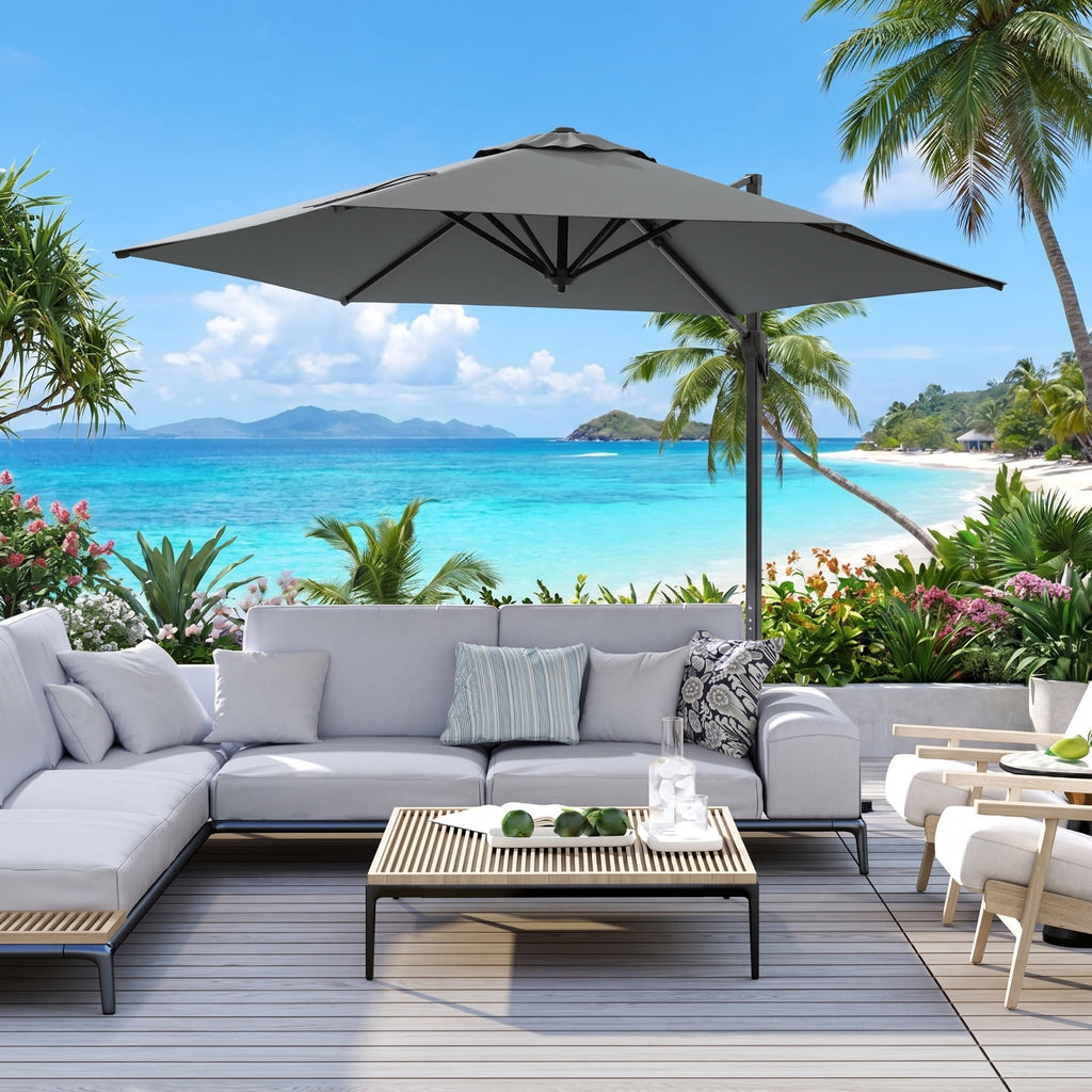 Biotree 9 ft Cantilever Patio Umbrella Offset Hanging with Cross Base, 8 Ribs - Gray for Backyard Garden Poolside
