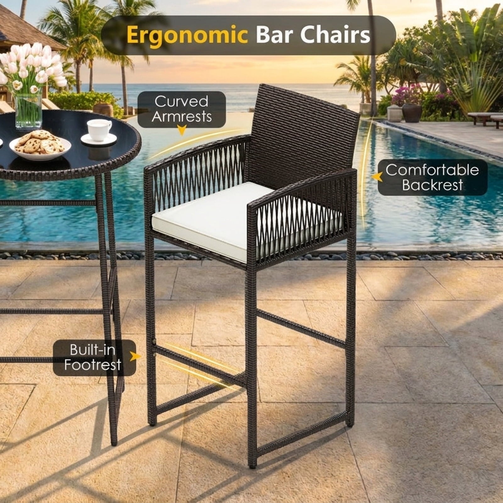 Biotree 3-Piece Patio Bar Set with Round Glass Table and Rattan Armchairs, White - Outdoor Patio Bar Height Furniture Set for Deck Garden