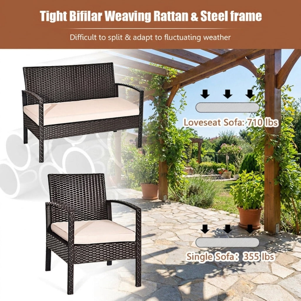 Biotree 4 Pieces Patio Rattan Conversation Set with Loveseat Sofas and Coffee Table Outdoor Conversation Set for Garden Backyard Porch