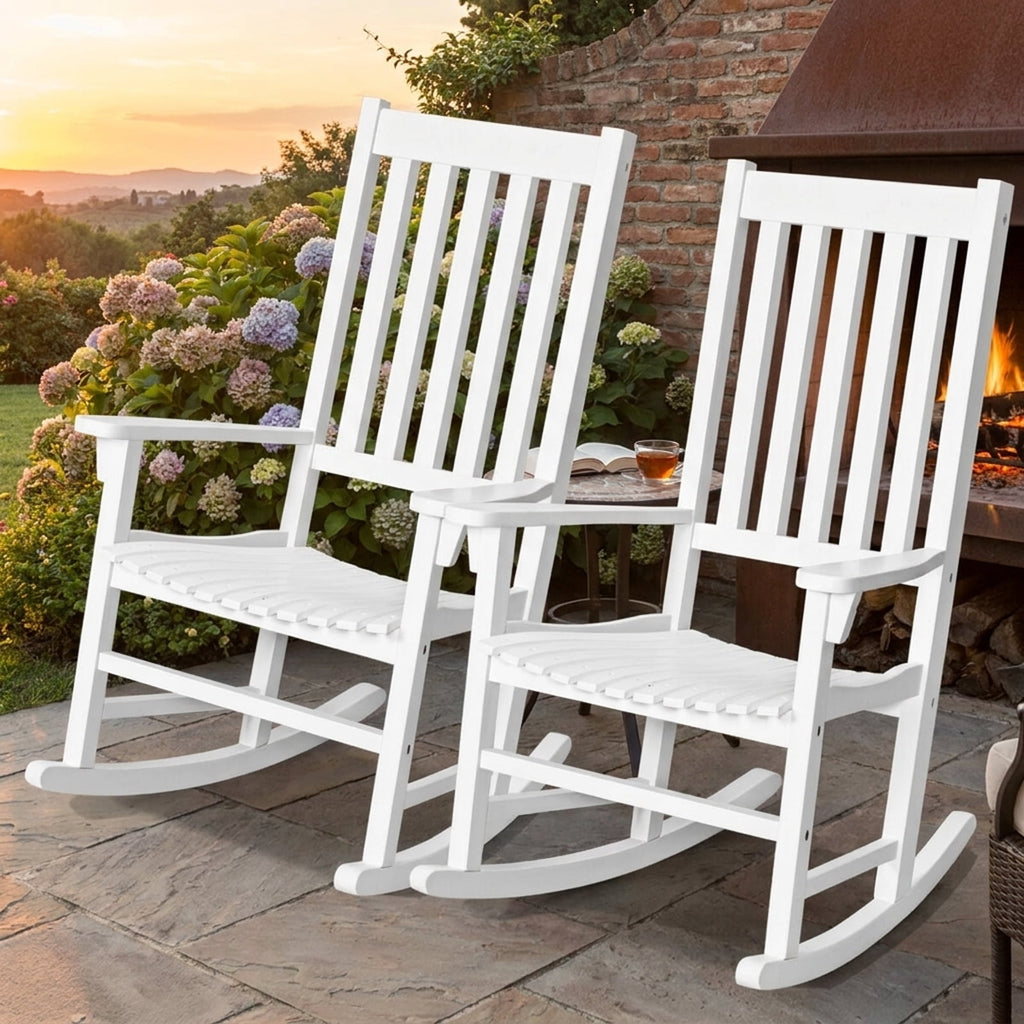 Biotree Indoor Outdoor Wooden High Back Rocking Chair Stackable Patio Chair for Garden BackyardWhite