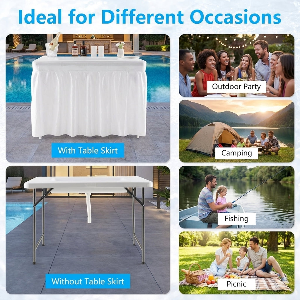 Biotree 4 Feet Folding Ice Bin Table with Skirt for Camping Picnic Wedding Portable Ice Cooler Party Table, White