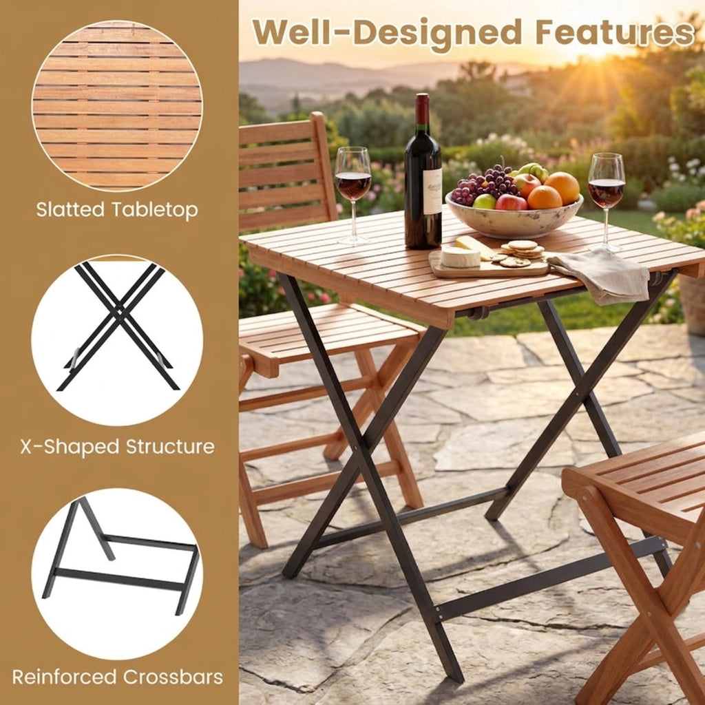 Biotree 28 Inch Patio Folding Square Table with Slatted Tabletop for Backyard Porch, Black