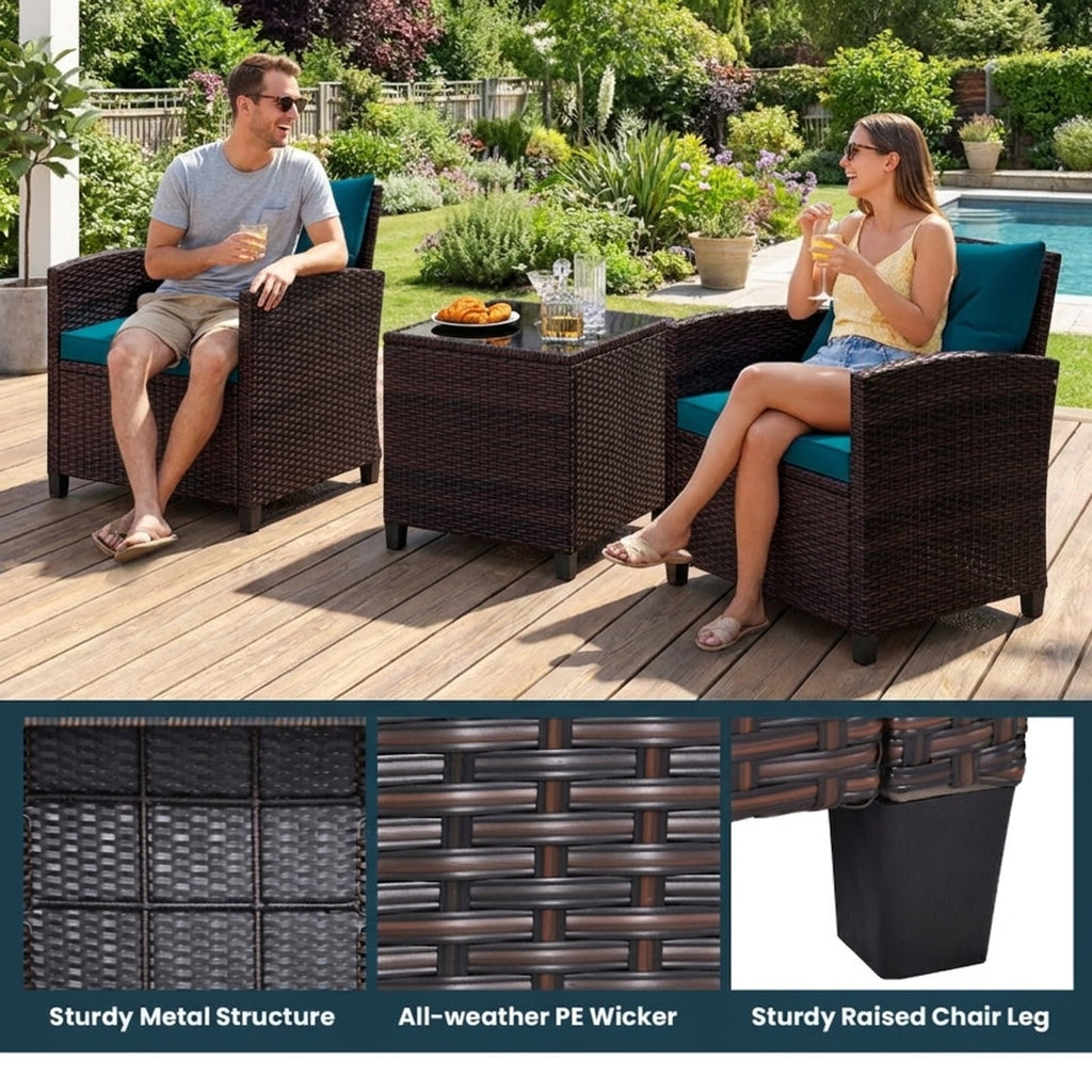 Biotree 3 Pieces Rattan Patio Furniture Set with Washable Cushion Outdoor Conversation Set for Garden Backyard PorchPeacock Blue