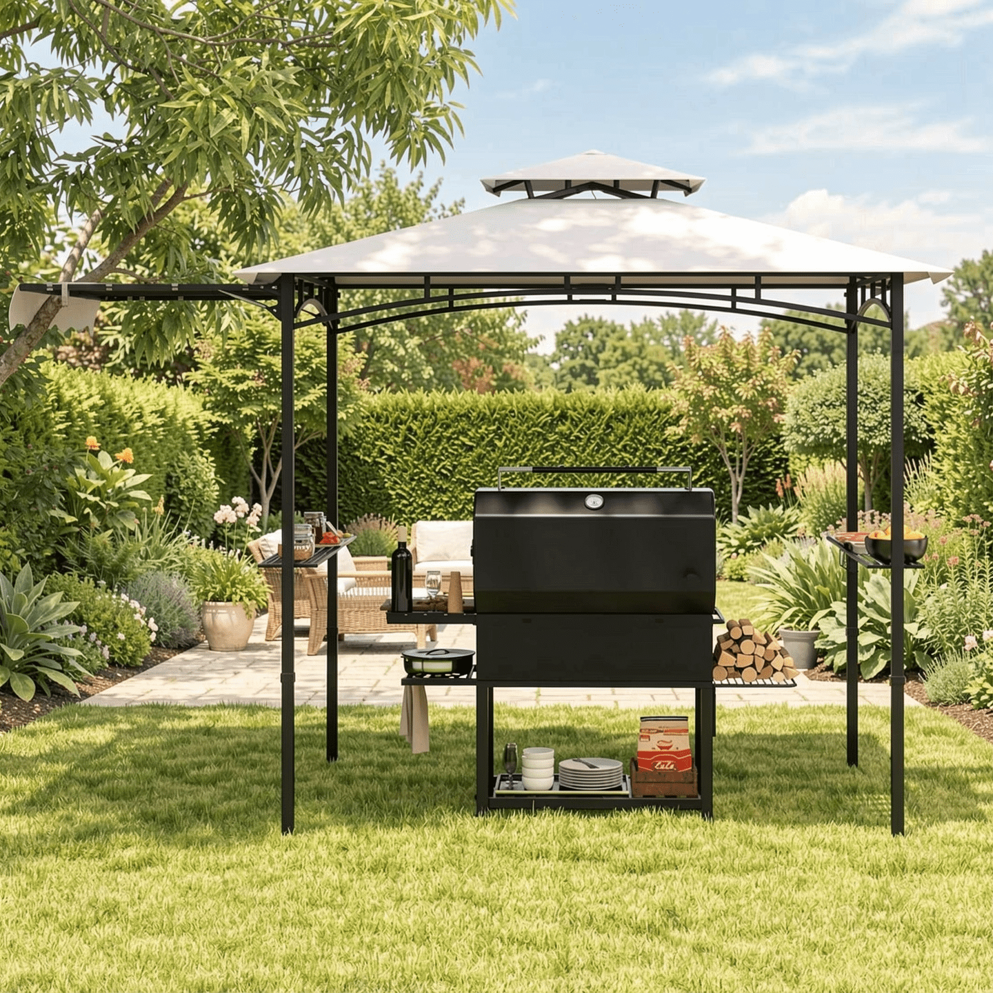 Biotree 11 x 5 FT Grill Gazebo with Side Awning and Double-Tiered Top Gray - Outdoor Patio Backyard Garden Shade Canopy Shelter