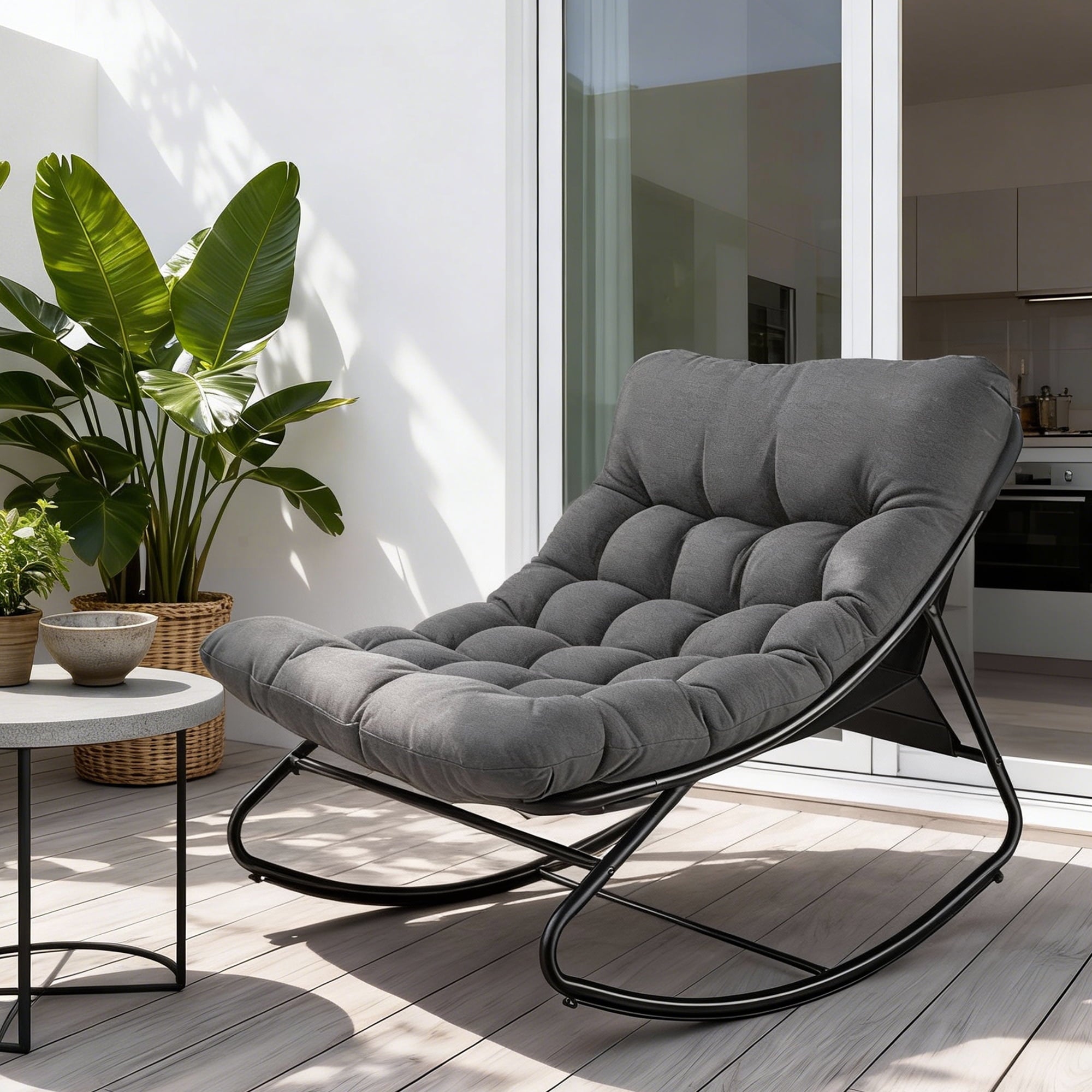 Biotree Oversized Outdoor Rocking Chair,Patio Rocker with Thick Cushion, Weather Resistant Mesh Rocking Chair for Porch, Backyard, Garden,Steel Frame,Gray