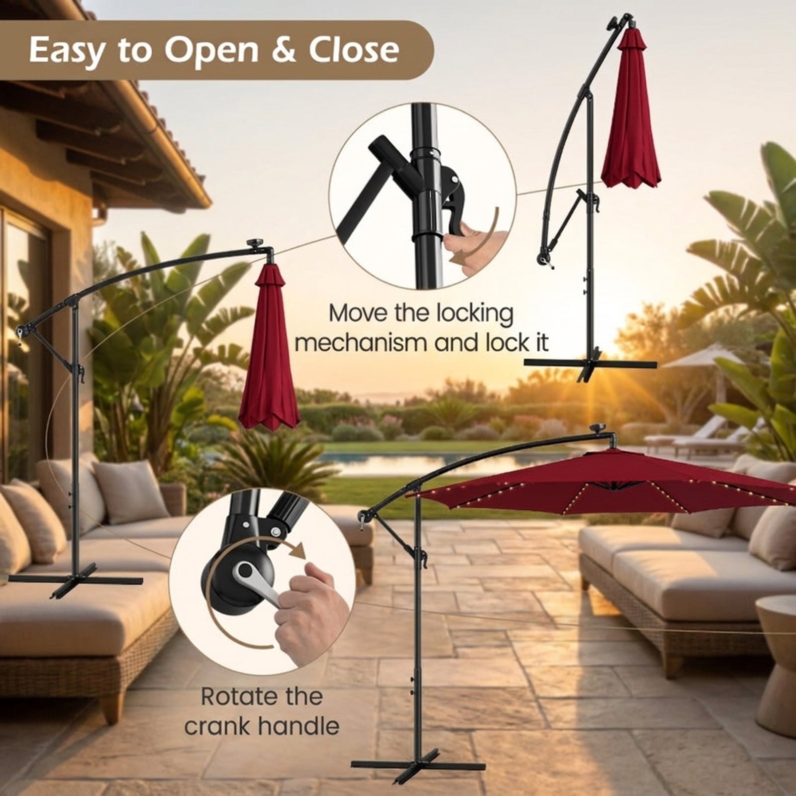 Biotree 10 ft Cantilever Offset Patio Umbrella Solar LED Lights Outdoor Shade - Red - UV Protection with Cross Base