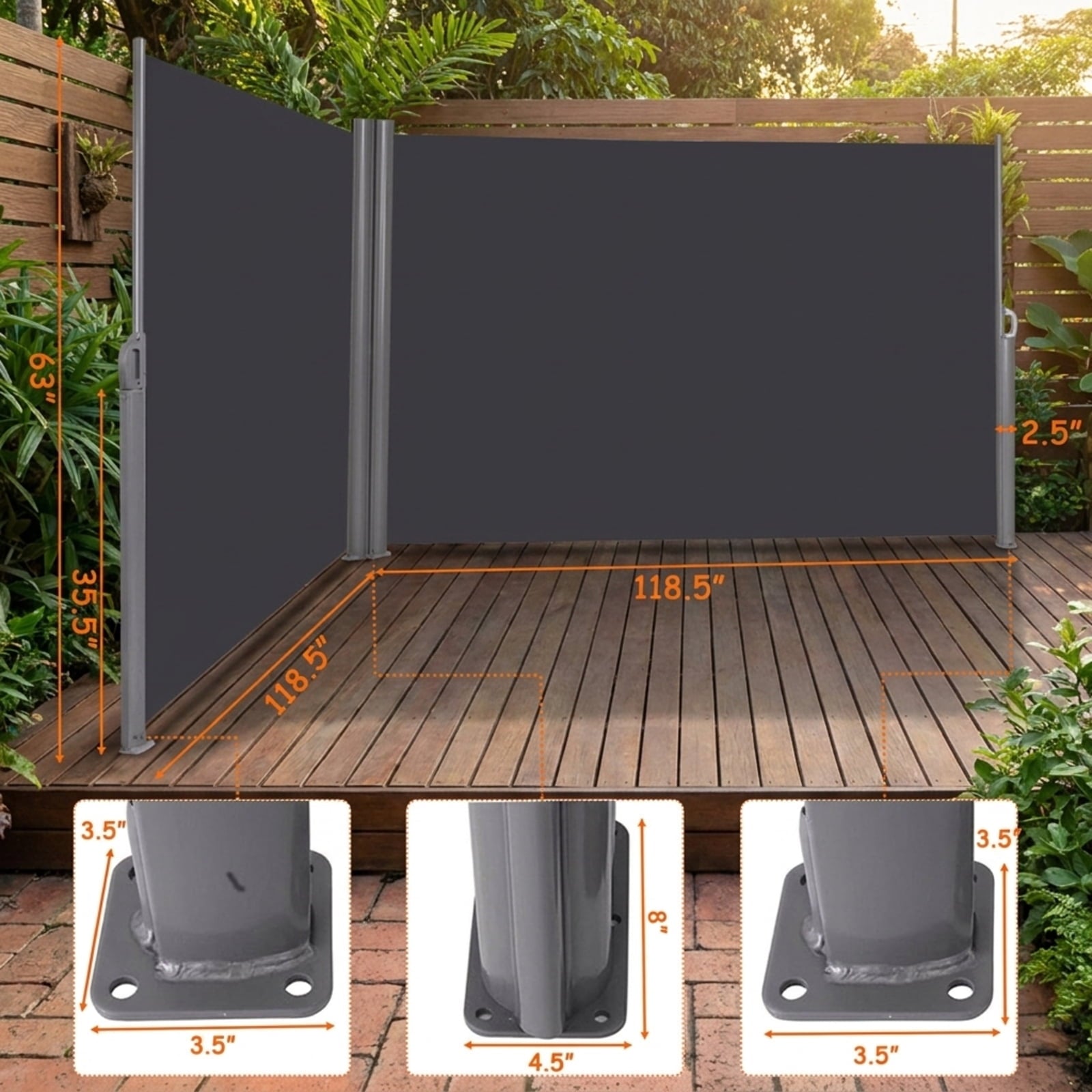 Biotree 237 x 63 Inch Patio Retractable Double Folding Side Awning Screen Divider for Patio Deck Door Window Sun Rain Protection, Dark Gray