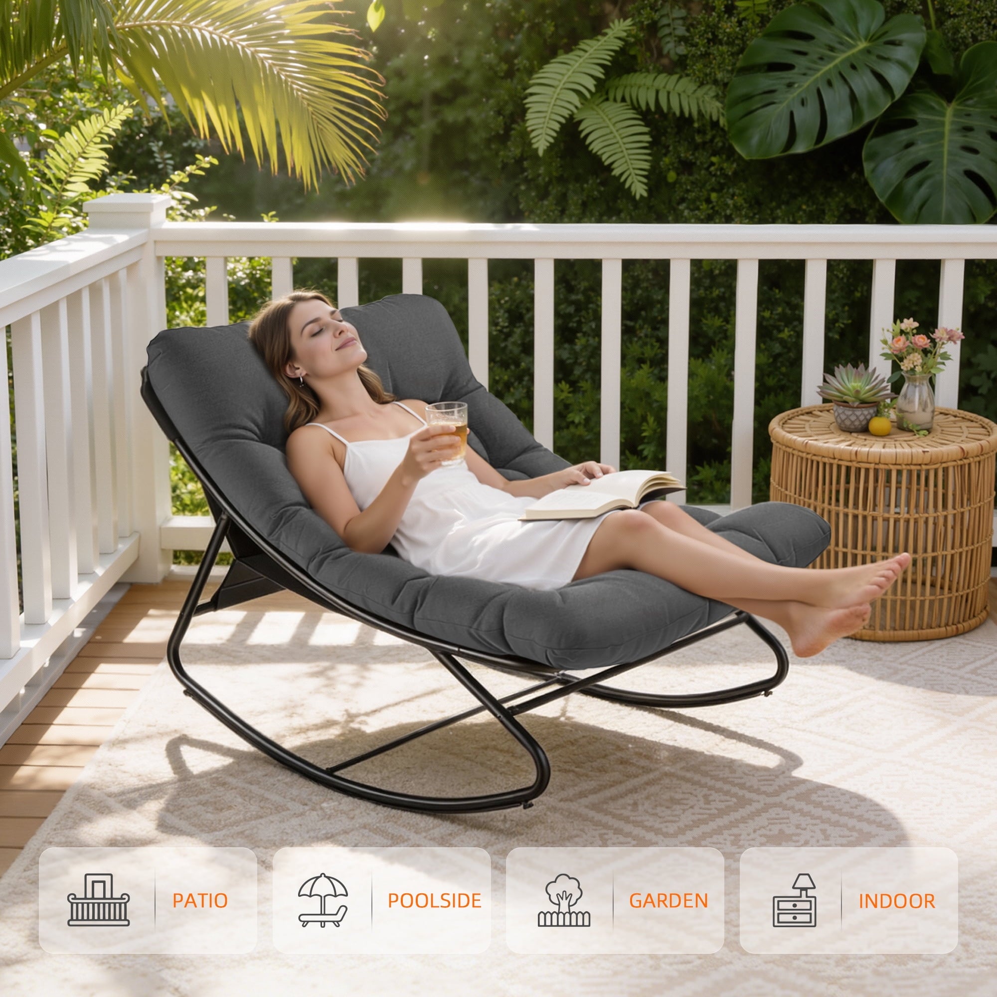 Biotree Oversized Outdoor Rocking Chair,Patio Rocker with Thick Cushion, Weather Resistant Mesh Rocking Chair for Porch, Backyard, Garden,Steel Frame,Gray