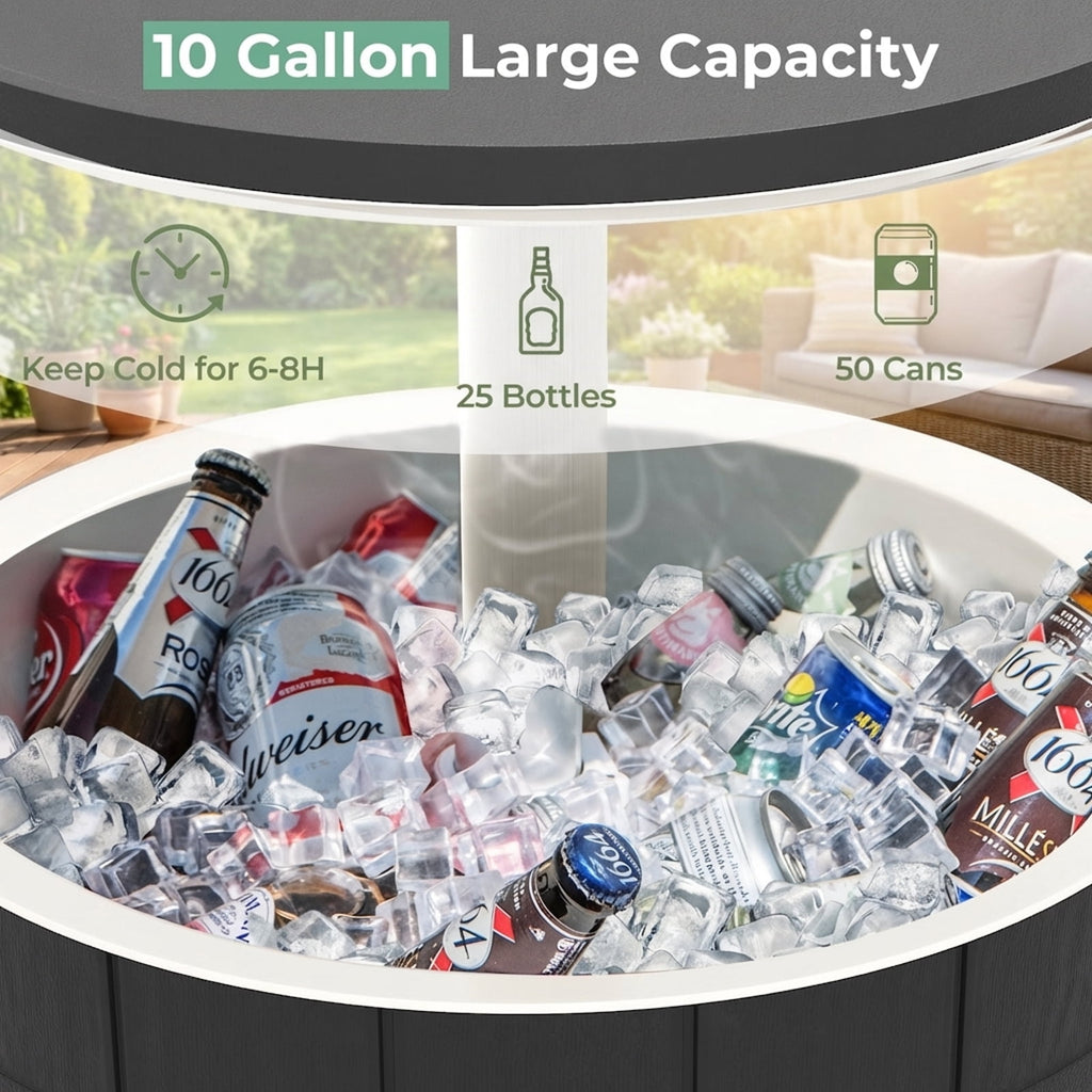 Biotree 10 Gallon Cooler Bar Table Outdoor Coffee Table with Telescopic Tabletop Ice Bucket Table for Beer Wine, Black