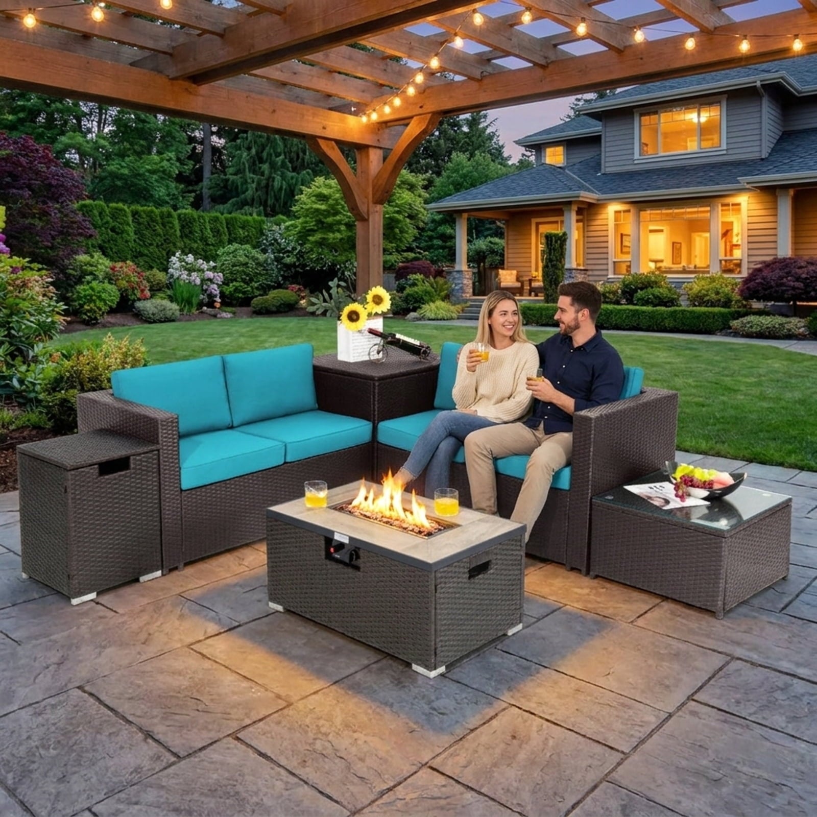 Biotree 32 x 20 Inch Propane Rattan Fire Pit Table Set with Side Table Tank and Cover for Outdoor Patio Backyard Garden Camping, Brown