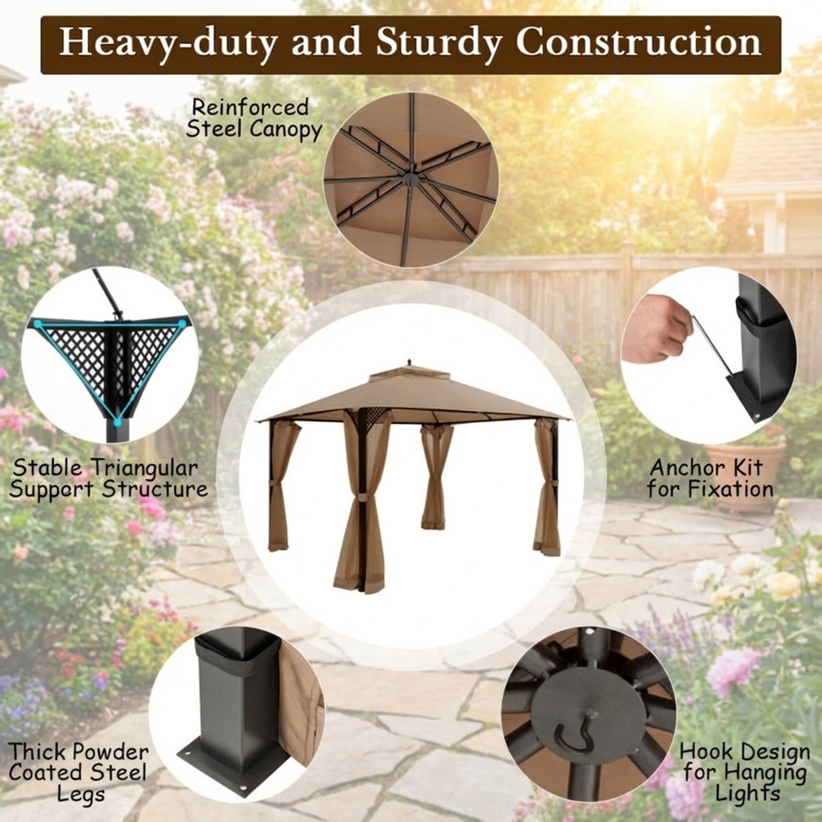 Biotree 12 x 10 Feet Outdoor Double Top Patio Gazebo with Netting Brown - Outdoor Patio Backyard Garden Shade Canopy Shelter