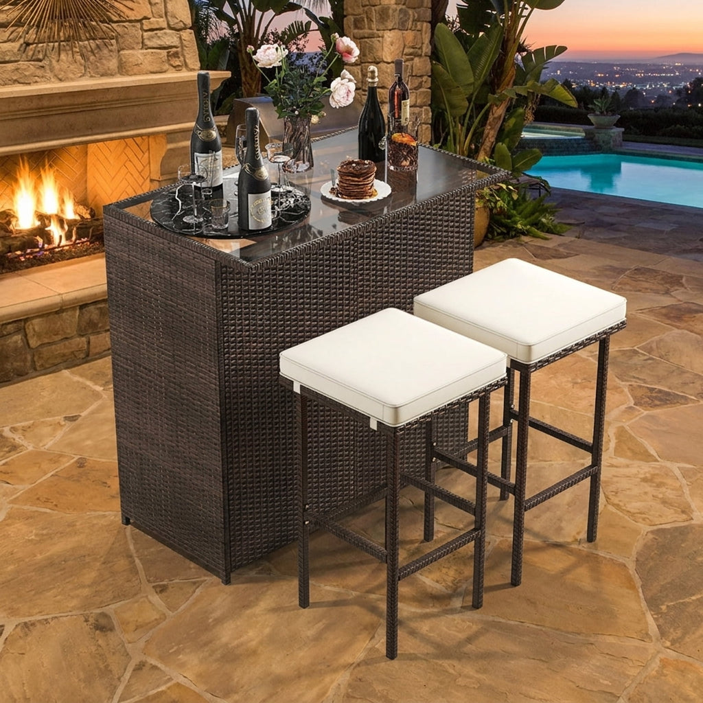 Biotree 3-Piece Patio Rattan Bar Set with Glass Table and Cushioned Stools, White - Outdoor Patio Bar Height Furniture Set for Deck Garden