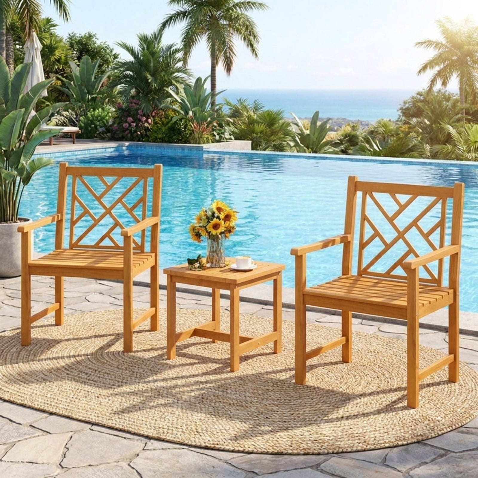 Biotree Set of 2 Outdoor Dining Chairs Acacia Wood with Cross-Pattern Backrest Stackable Patio Chair for Garden BackyardNatural