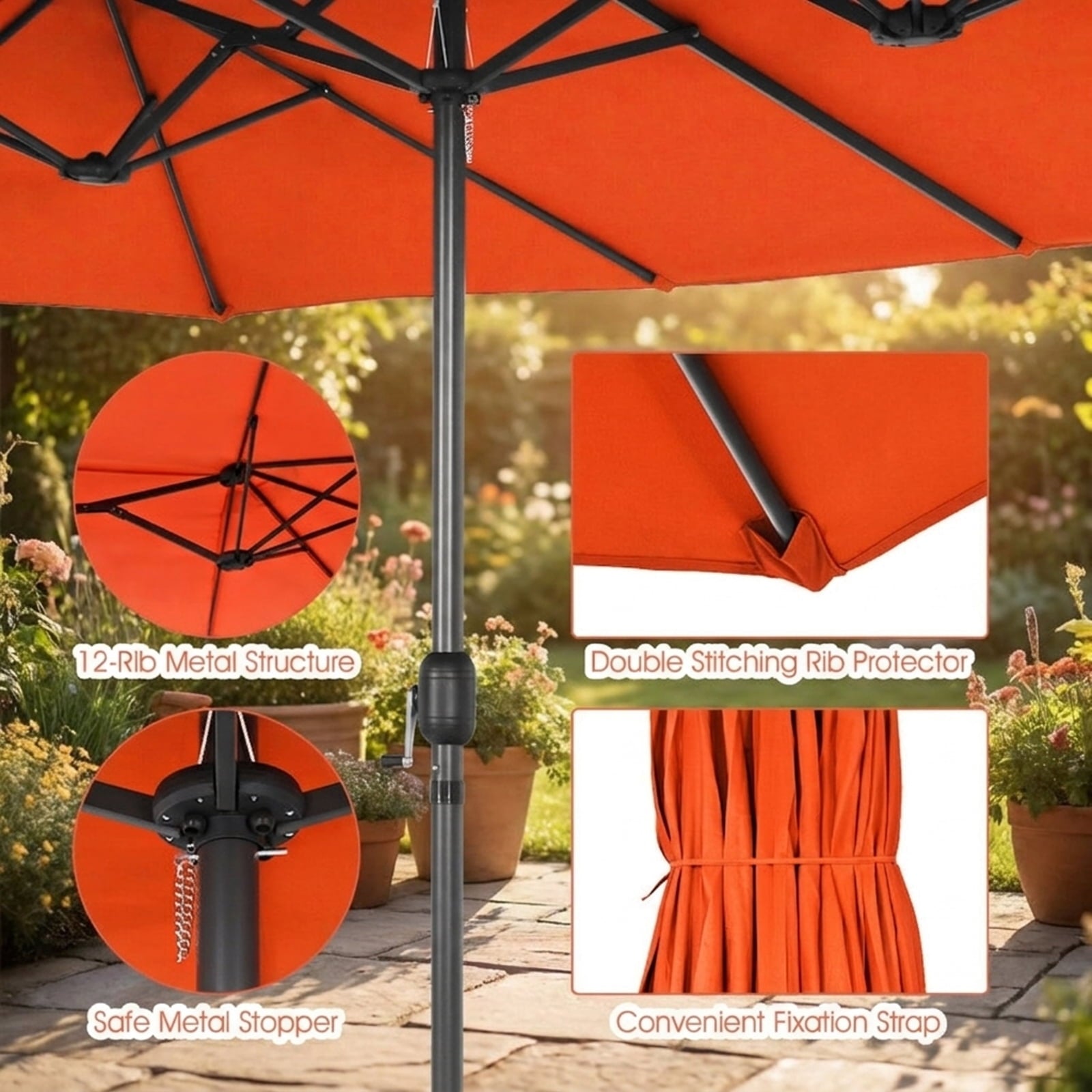 Biotree 15 ft Double-Sided Twin Patio Umbrella Crank Tilt Outdoor Shade - Orange - UV Protection with Cross Base