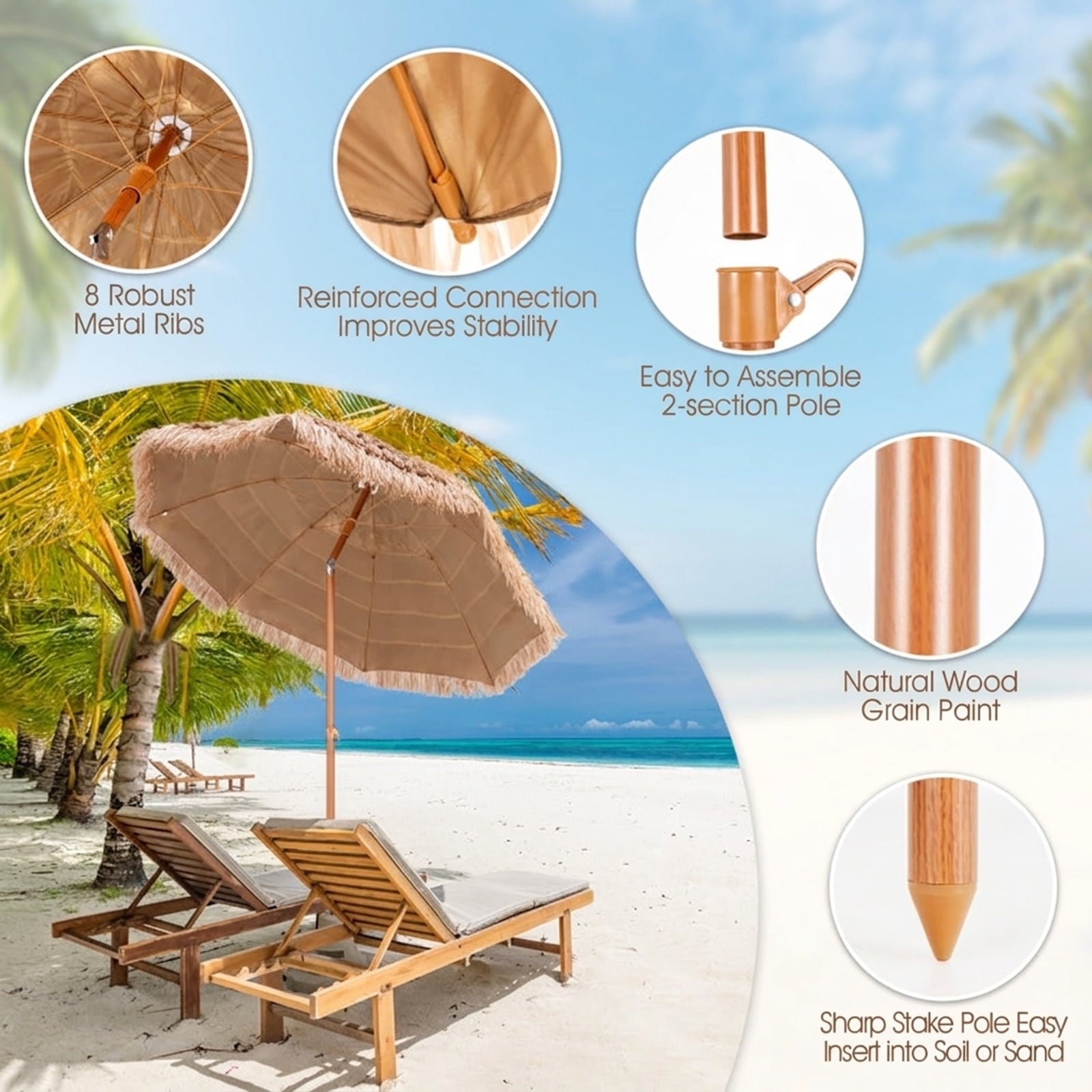 Biotree 7 ft Thatched Tiki Patio Umbrella Crank Tilt Outdoor Shade - Natural - UV Protection with Cross Base