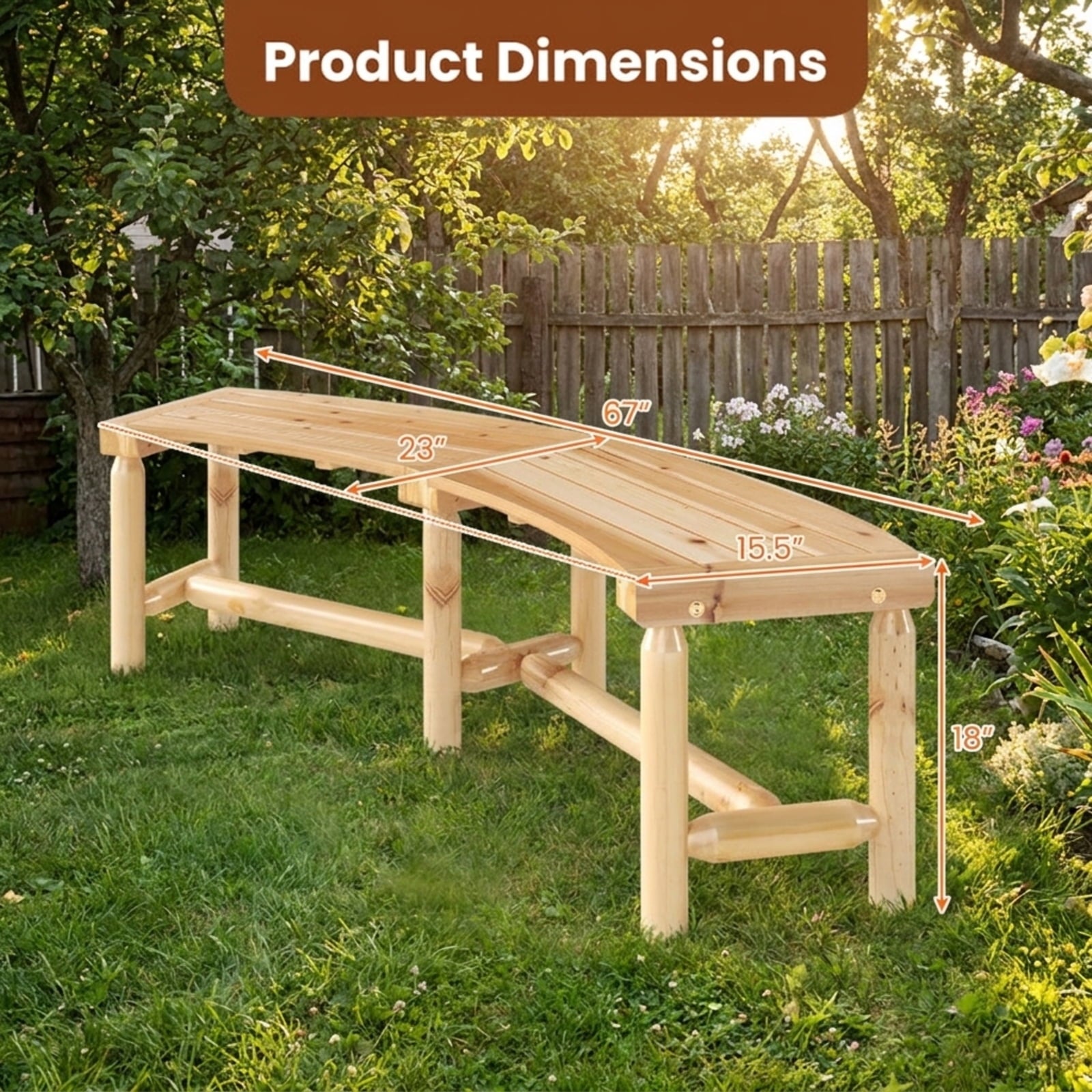 Biotree Patio Curved Bench Solid Wood Fire Pit Bench Outdoor Backless Loveseat Stackable Patio Chair for Garden BackyardNatural