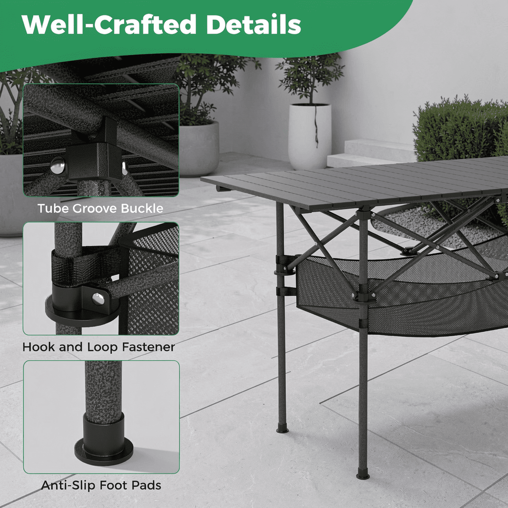 Biotree Patio Folding Camping Table with Roll-Up Tabletop and Mesh Basket Portable Outdoor Table with Storage, Black