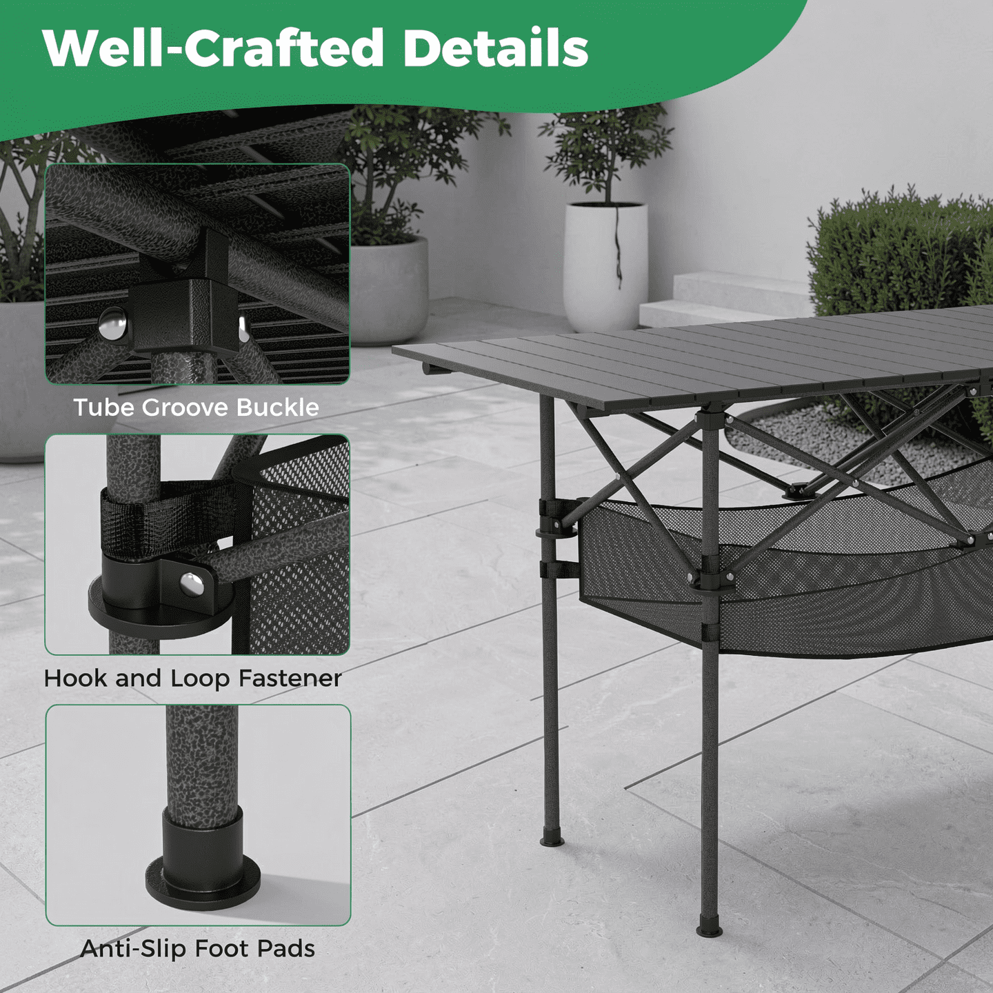 Biotree Patio Folding Camping Table with Roll-Up Tabletop and Mesh Basket Portable Outdoor Table with Storage, Black
