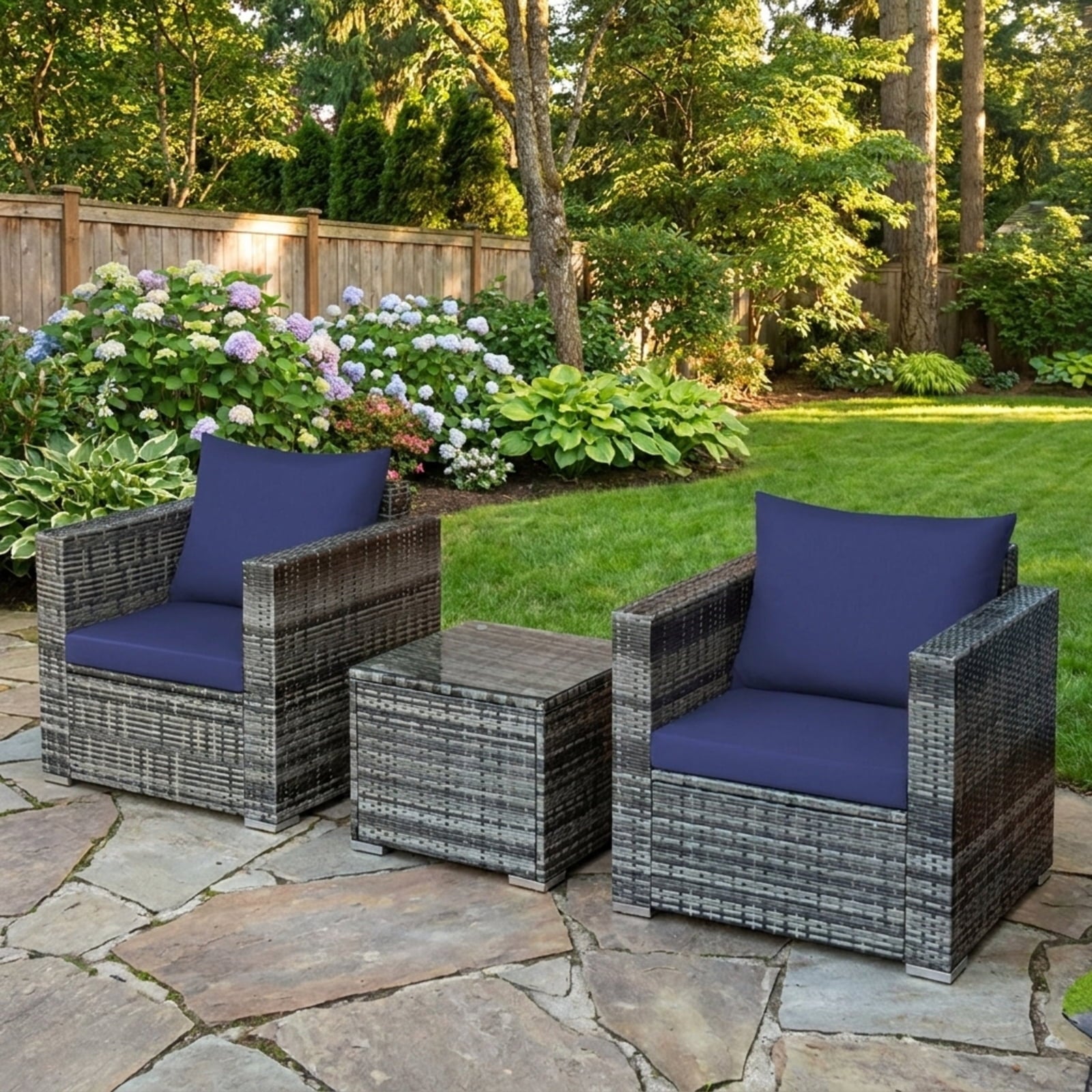 Biotree 3 Pcs Patio Rattan Furniture Bistro Sofa Set with Cushioned Outdoor Conversation Set for Garden Backyard PorchNavy