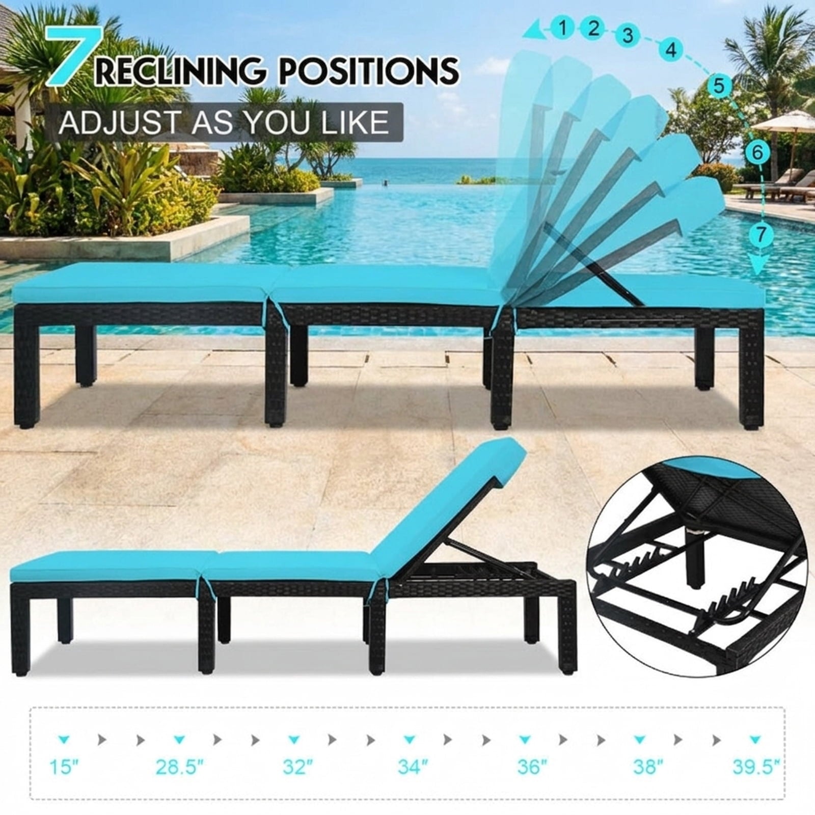 Biotree Patio Rattan Cushioned Height Adjustable Lounge Chair Stackable Patio Chair for Garden BackyardBlue